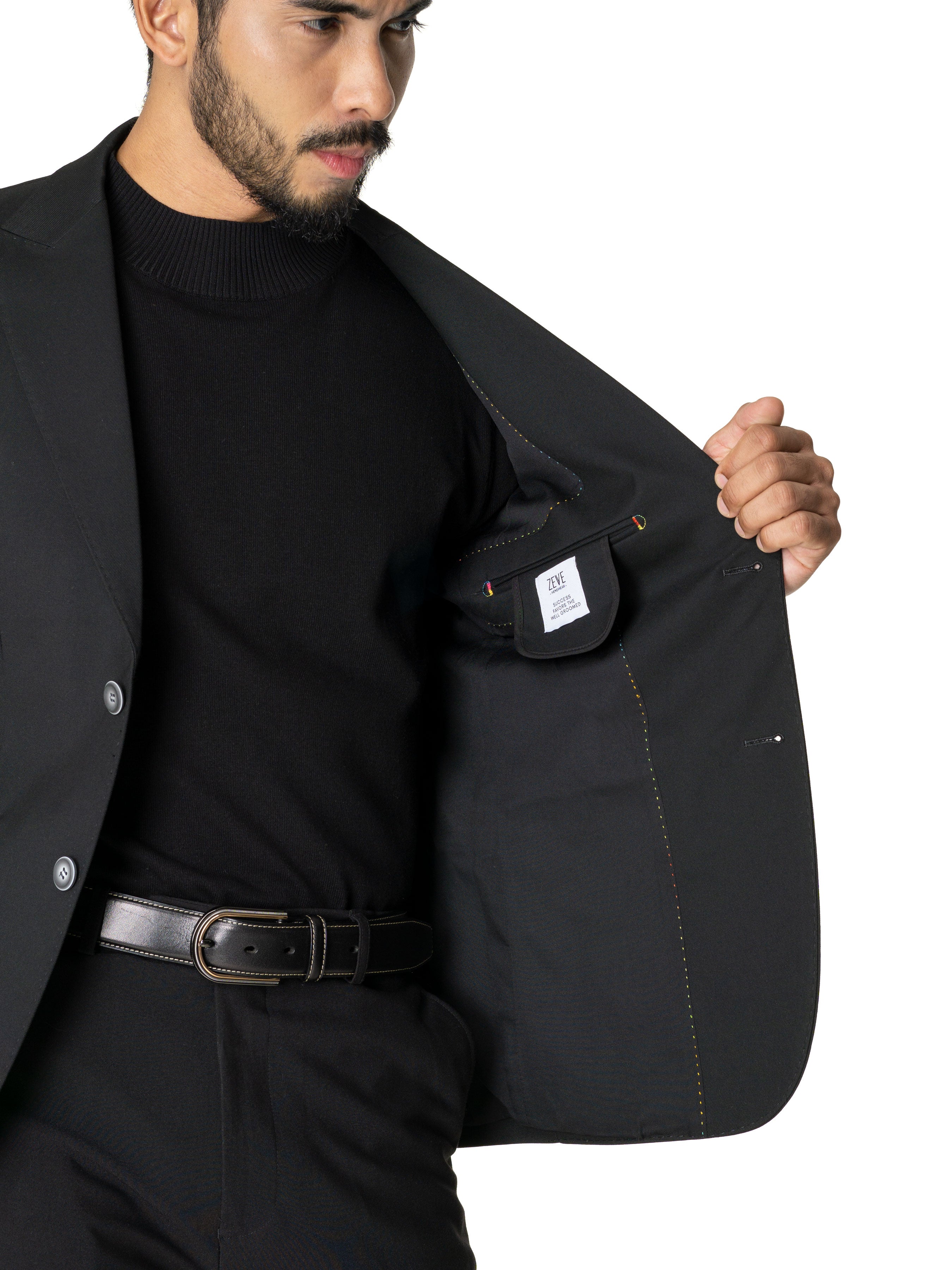 Single Breasted Suit Blazer - Black Plain (Peak Lapel) - Zeve Shoes