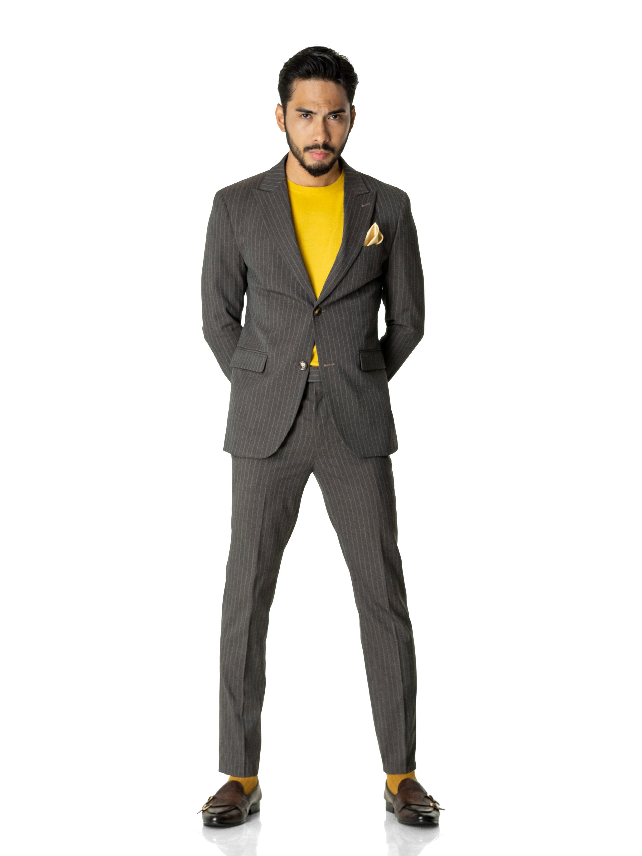 Single Breasted Suit Blazer - Dark Grey Stripes (Peak Lapel) - Zeve Shoes