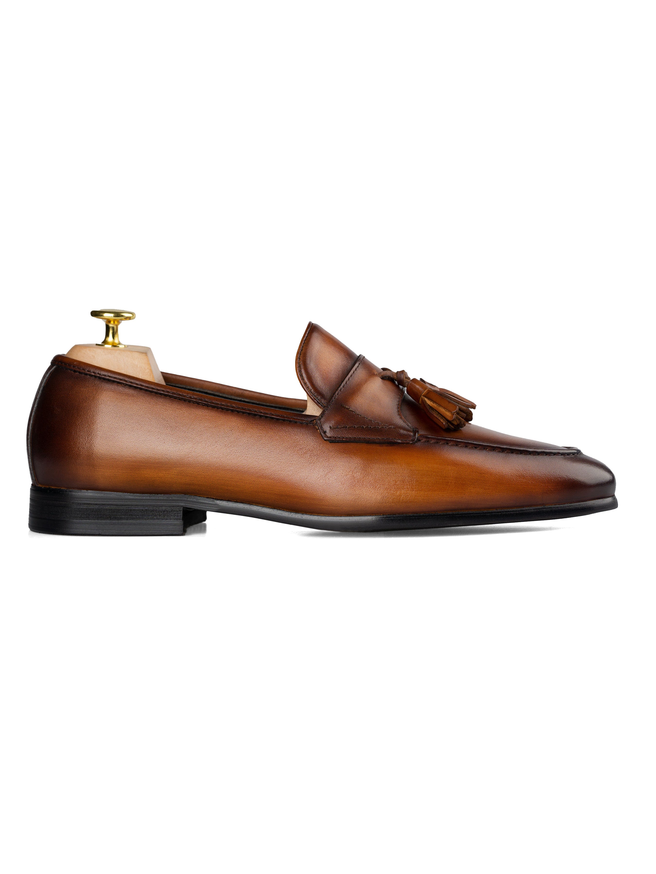 Tassel Loafer Wing Strap - Cognac Tan (Hand Painted Patina) - Zeve Shoes