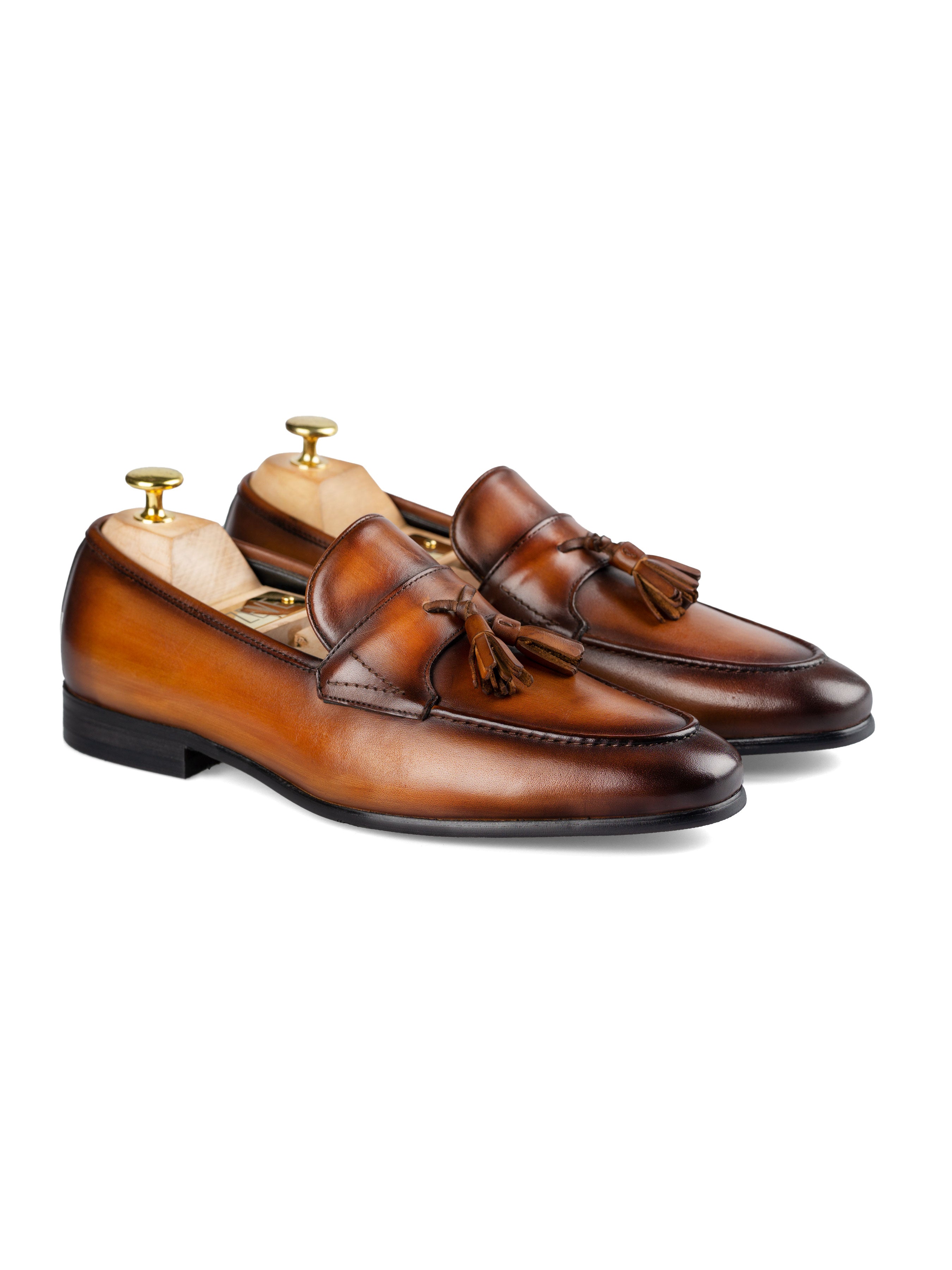 Tassel Loafer Wing Strap - Cognac Tan (Hand Painted Patina) - Zeve Shoes