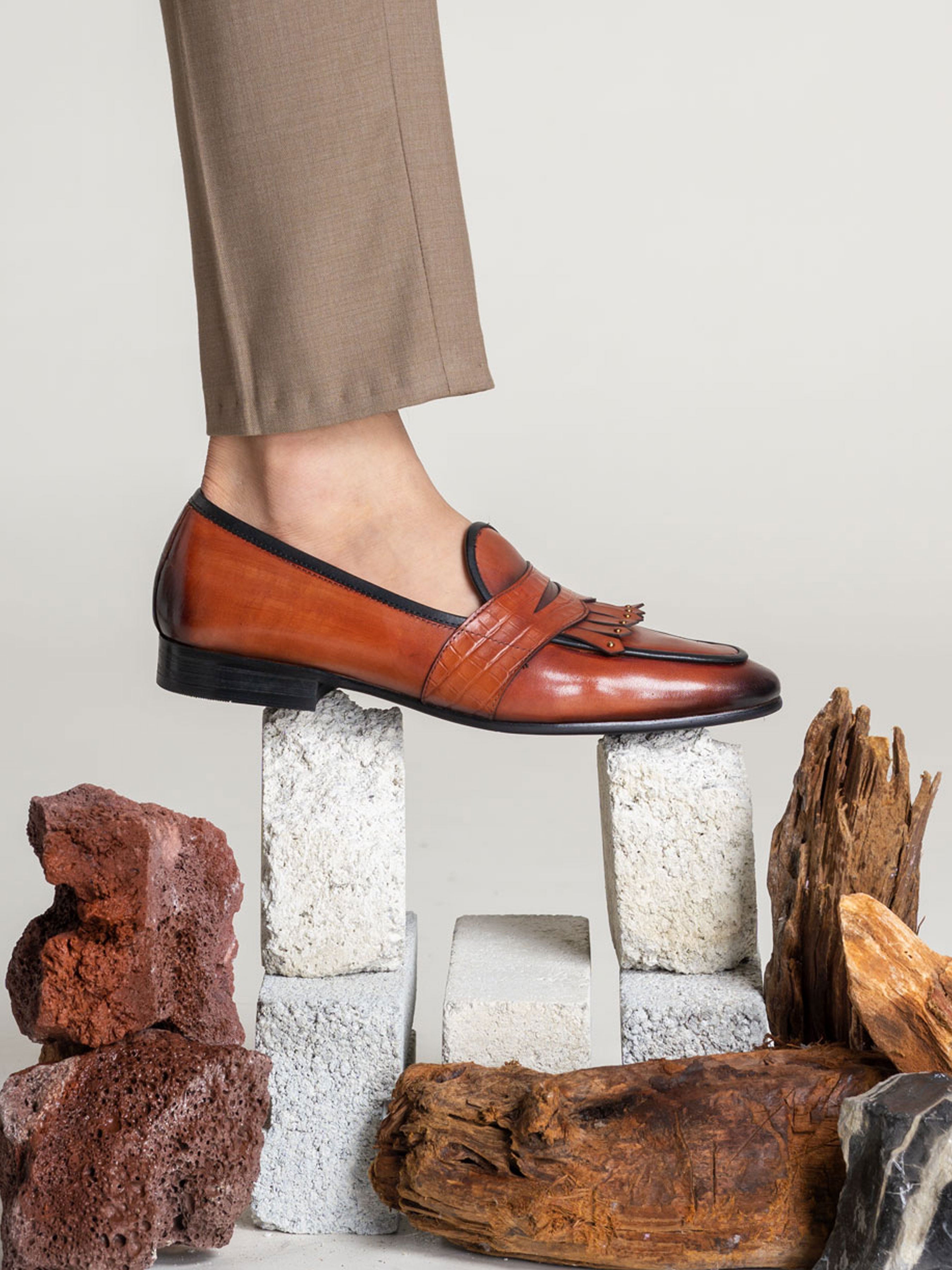 Belgian Loafer - Cognac Tan Phyton Penny Strap with Studded Fringe (Hand Painted Patina) - Zeve Shoes