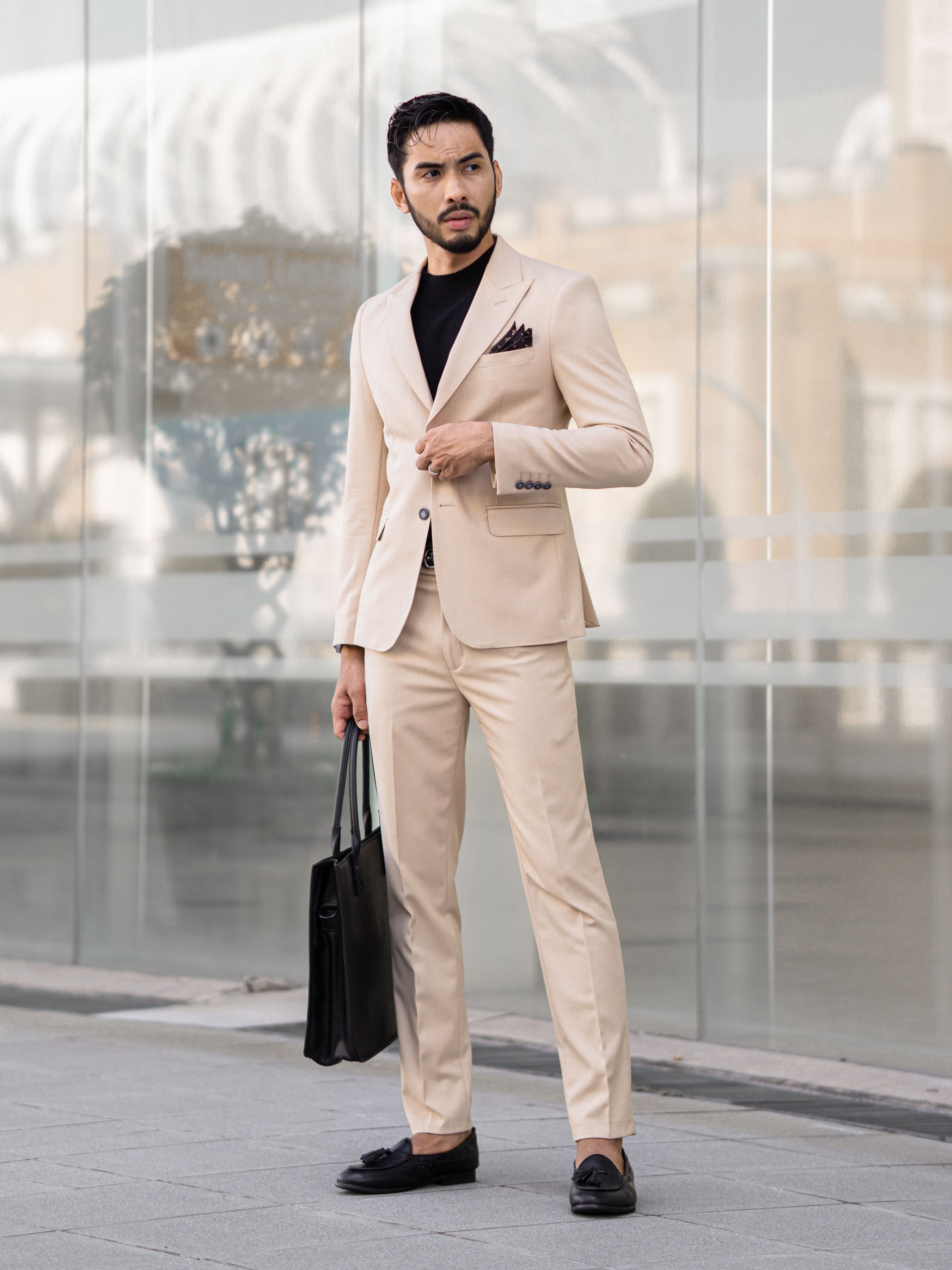 Single Breasted Suit Blazer - Beige Plain (Peak Lapel) - Zeve Shoes