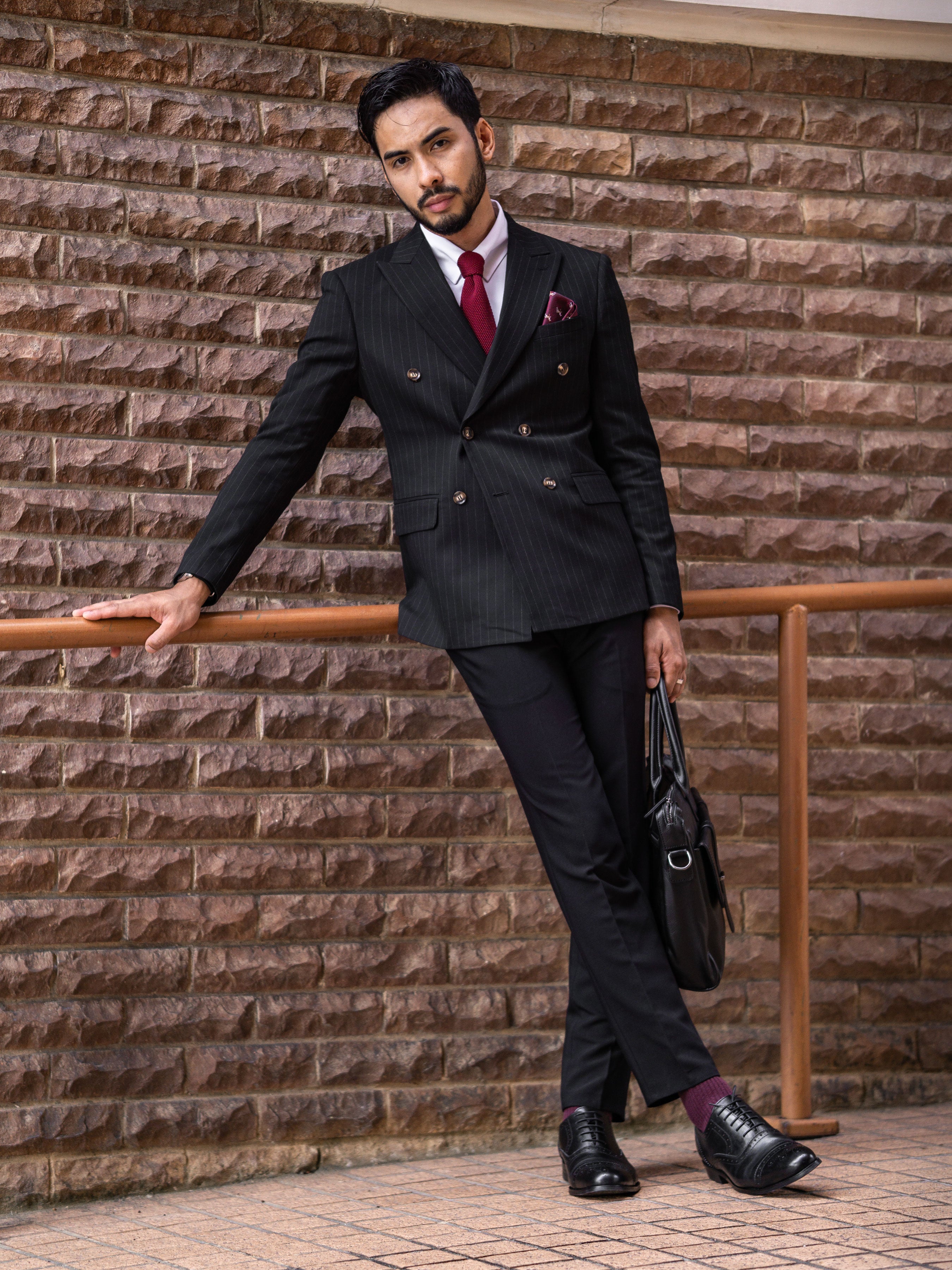 Double Breasted Suit Blazer - Black Pinstripes (Peak Lapel) - Zeve Shoes