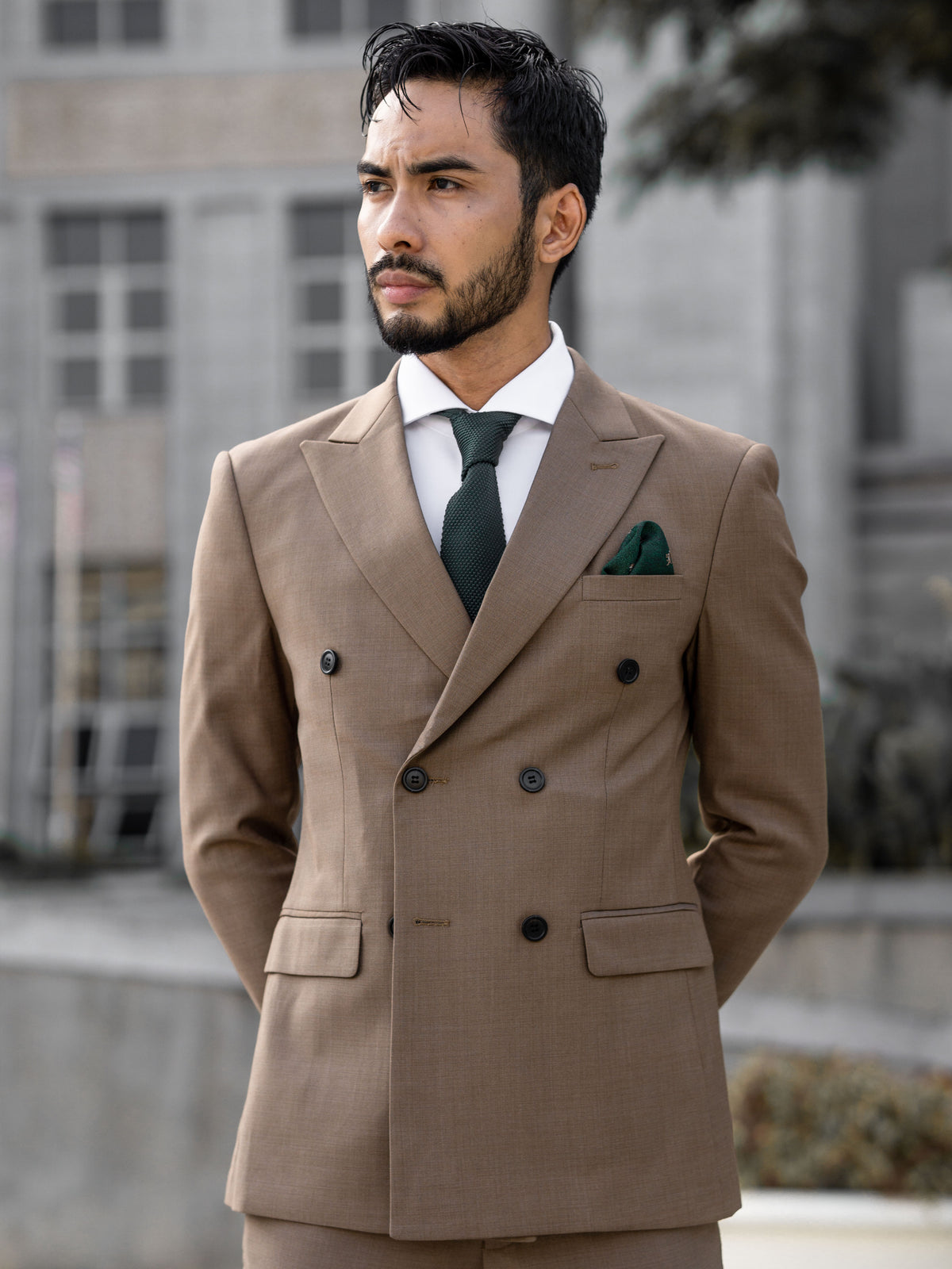 Double Breasted Suit Blazer Khakis Plain (Peak Lapel)