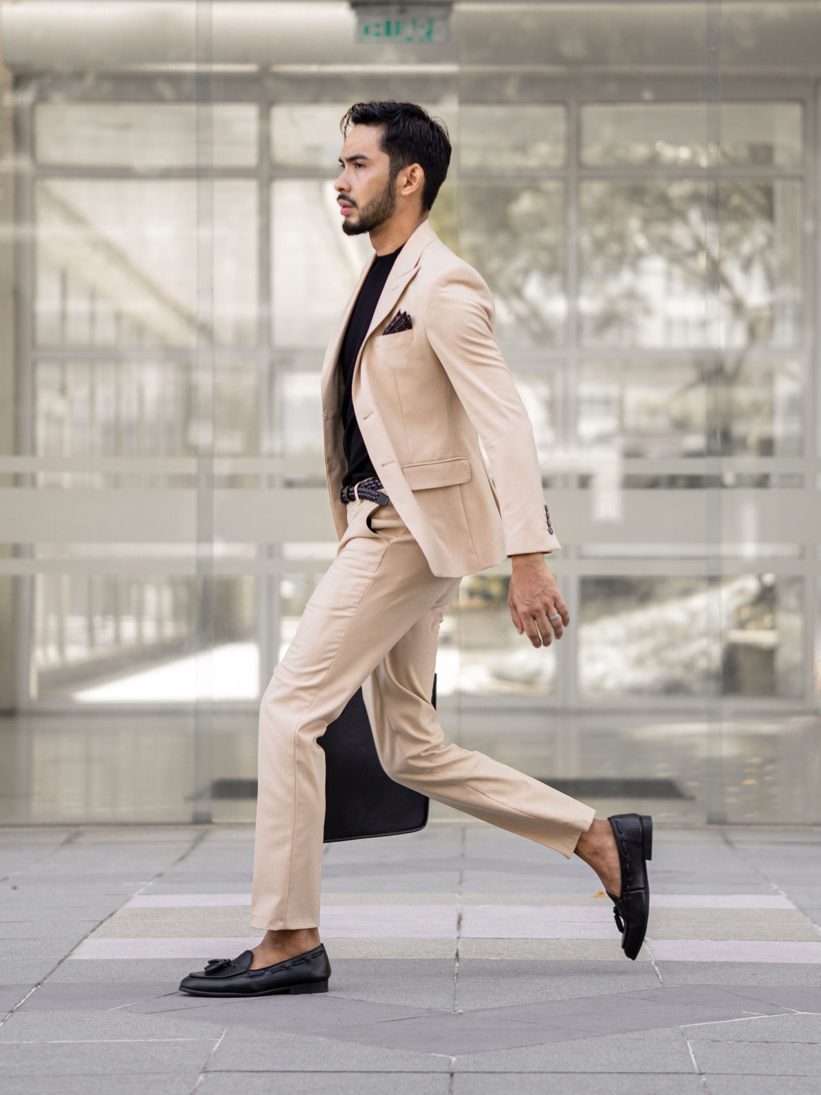 Single Breasted Suit Blazer - Beige Plain (Peak Lapel) - Zeve Shoes