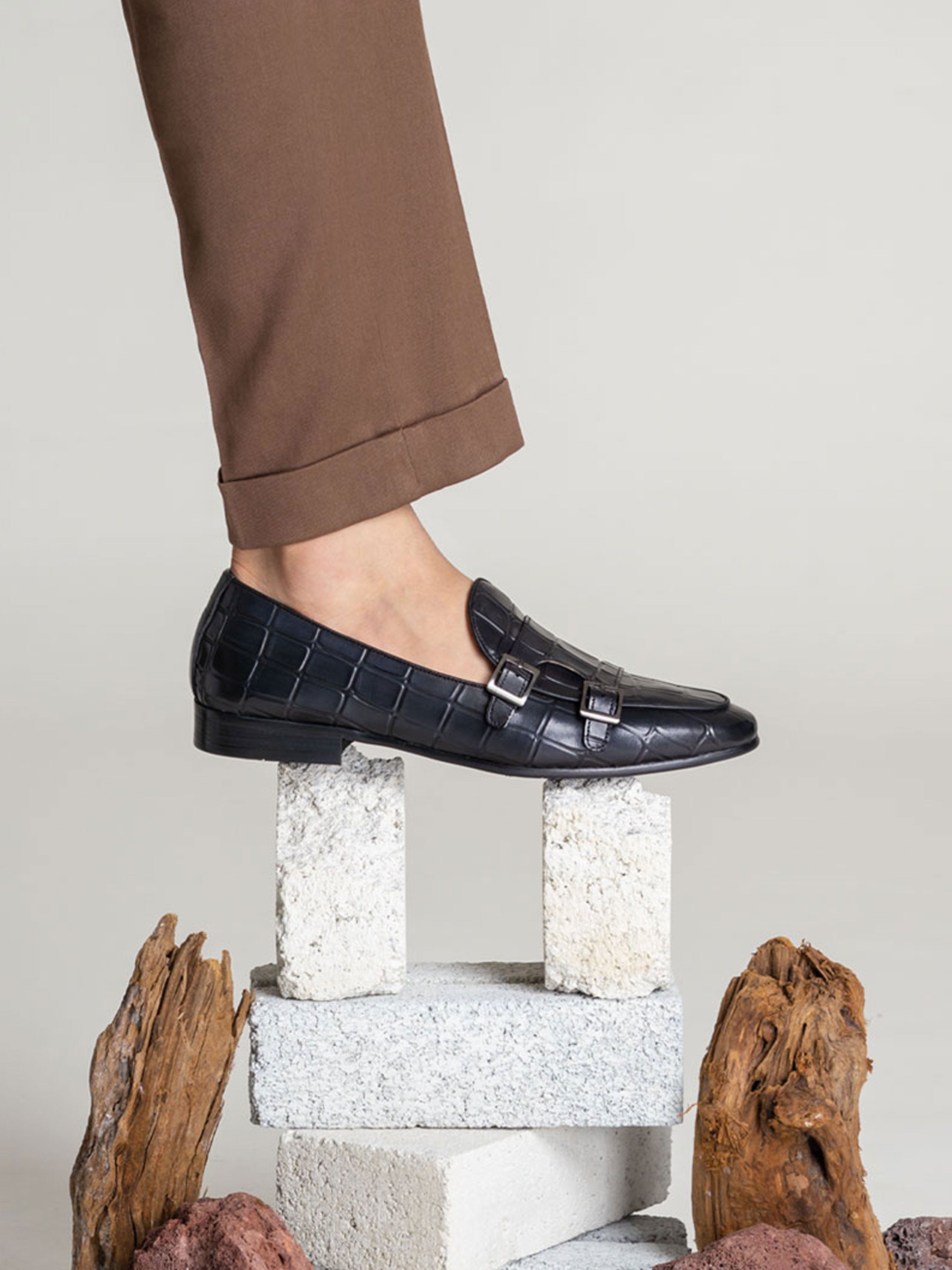 Belgian Loafer - Black Grey Croco Double Monk Strap (Hand Painted Patina) - Zeve Shoes