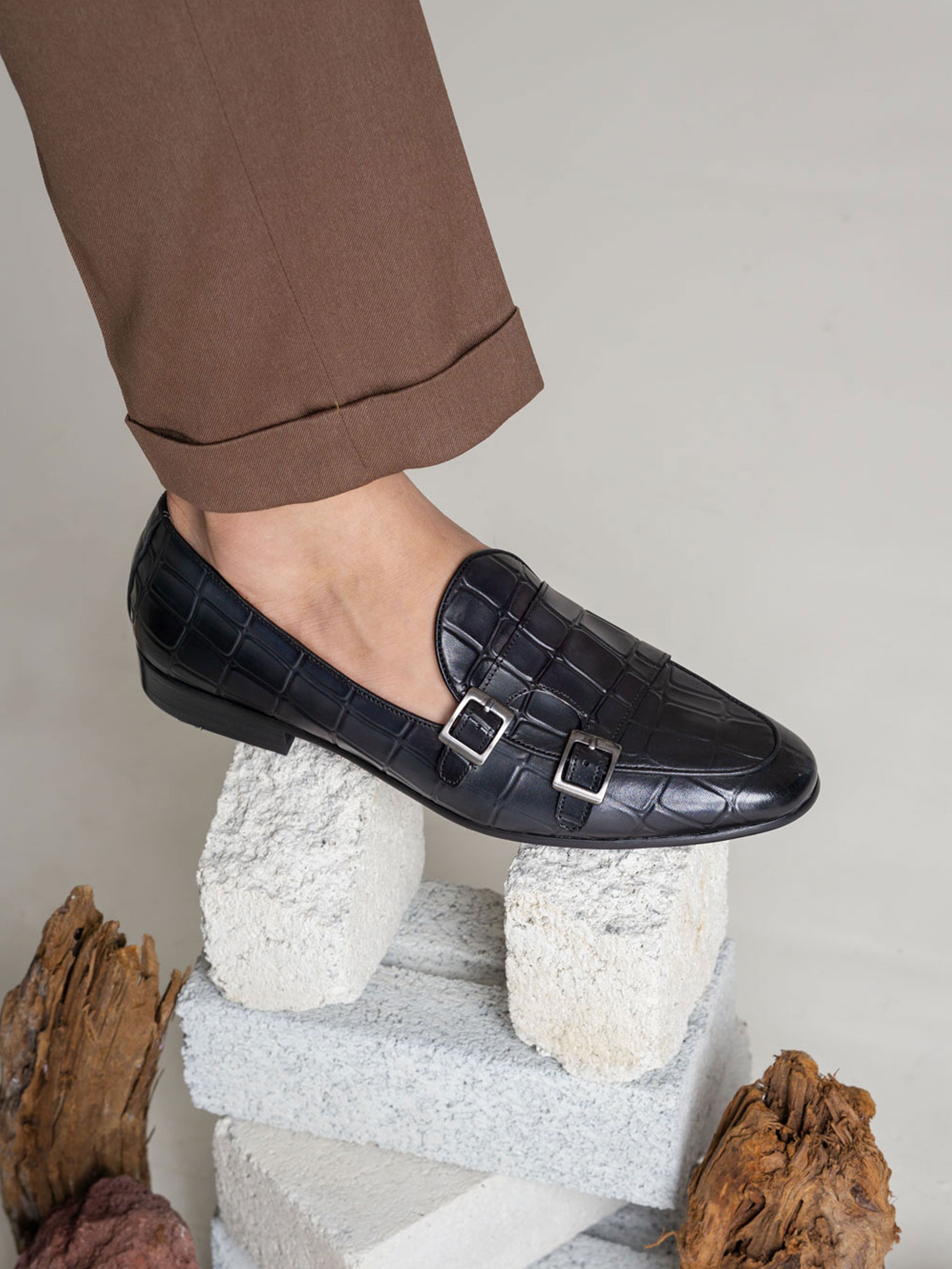 Belgian Loafer - Black Grey Croco Double Monk Strap (Hand Painted Patina) - Zeve Shoes