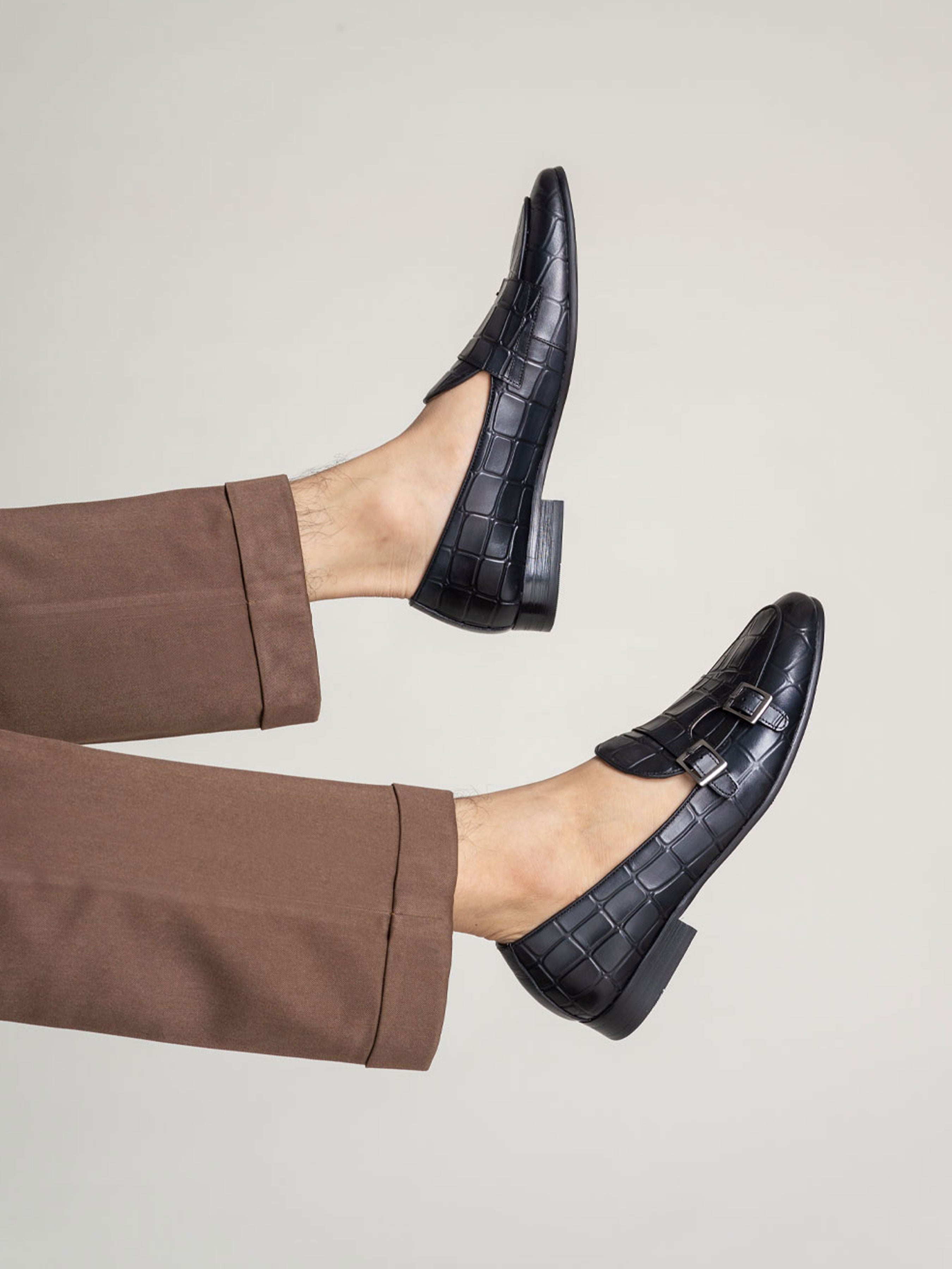 Belgian Loafer - Black Grey Croco Double Monk Strap (Hand Painted Patina) - Zeve Shoes