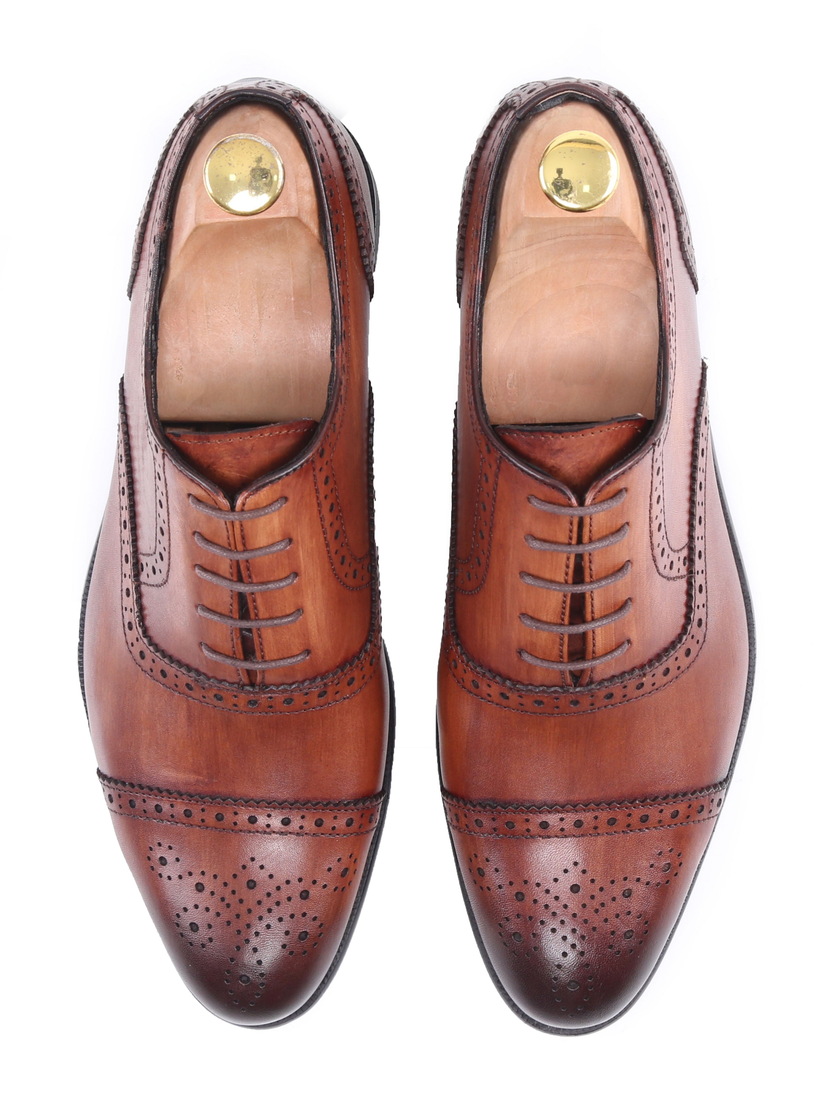 Oxford Cap Toe - Cognac Tan Semi Brogue Lace Up (Hand Painted Patina) - Zeve Shoes