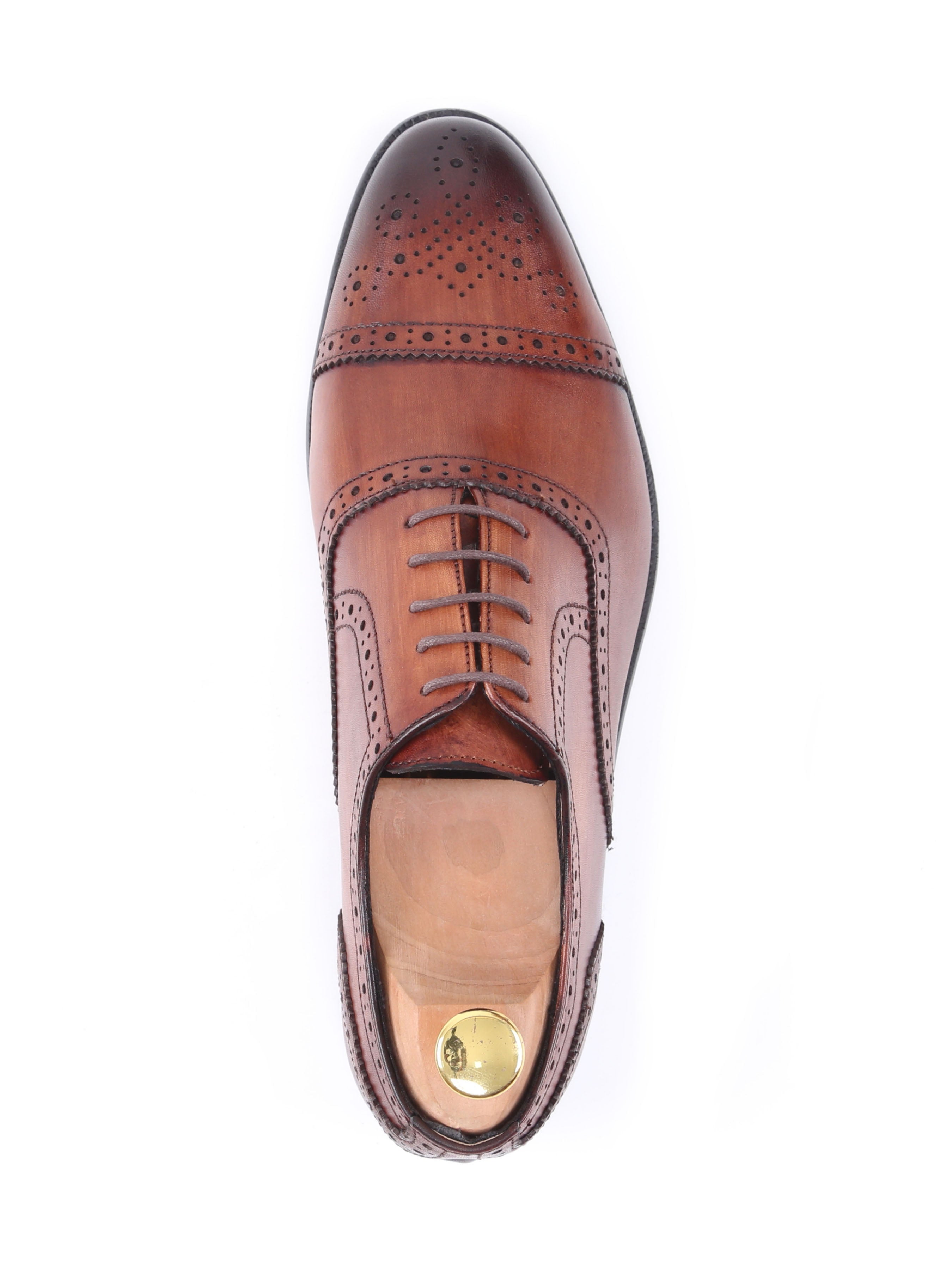 Oxford Cap Toe - Cognac Tan Semi Brogue Lace Up (Hand Painted Patina) - Zeve Shoes