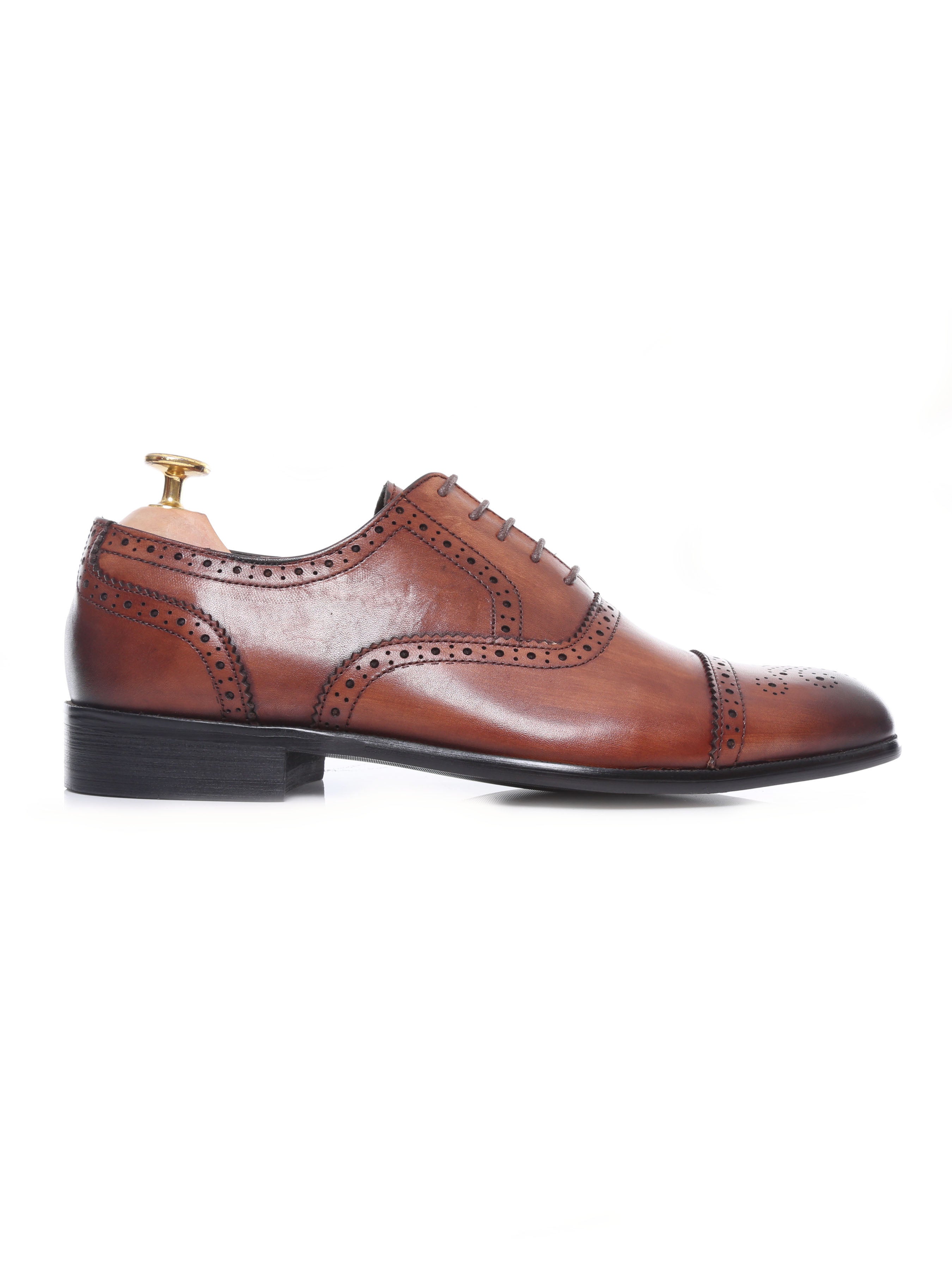 Oxford Cap Toe - Cognac Tan Semi Brogue Lace Up (Hand Painted Patina) - Zeve Shoes