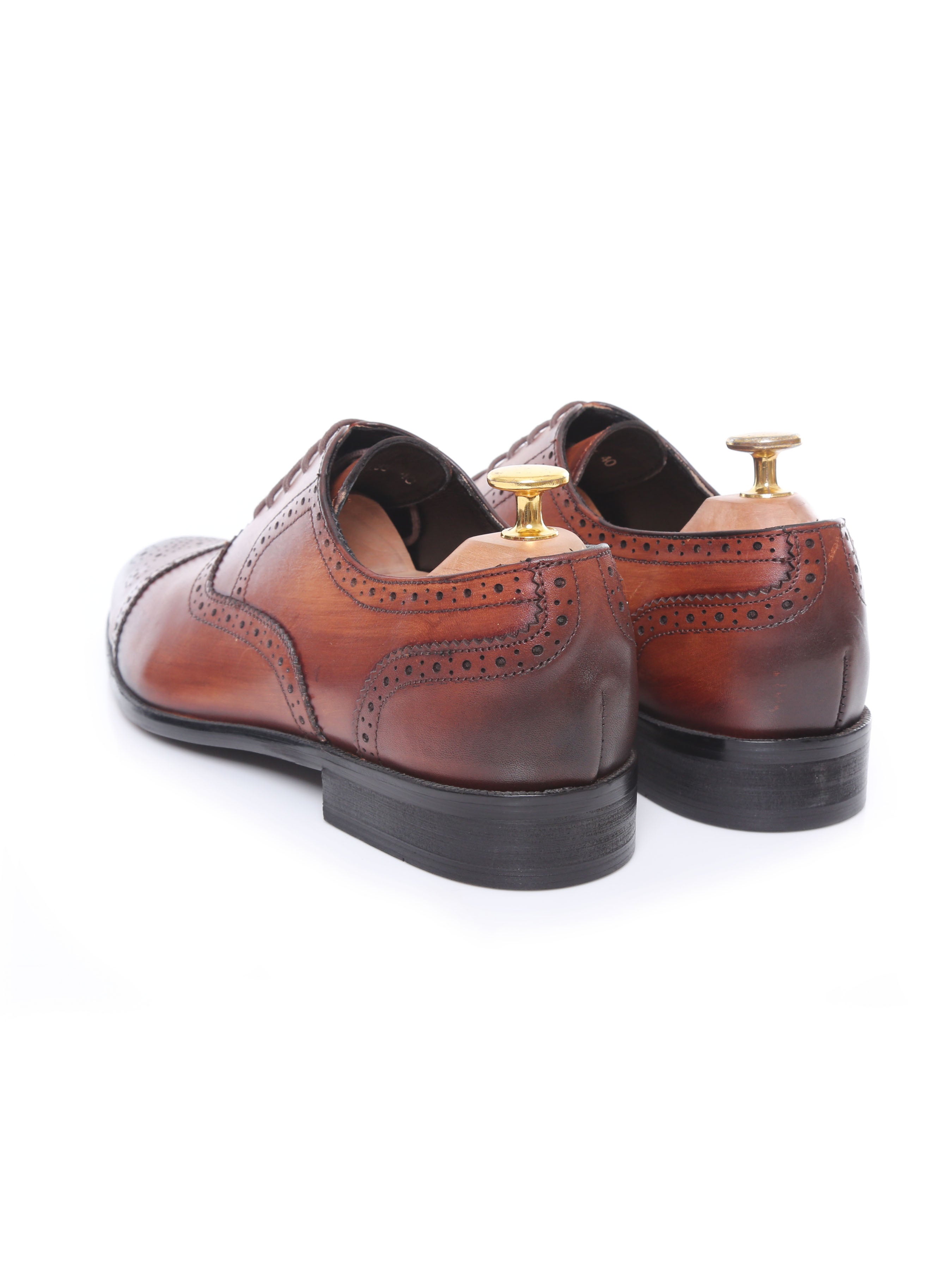 Oxford Cap Toe - Cognac Tan Semi Brogue Lace Up (Hand Painted Patina) - Zeve Shoes