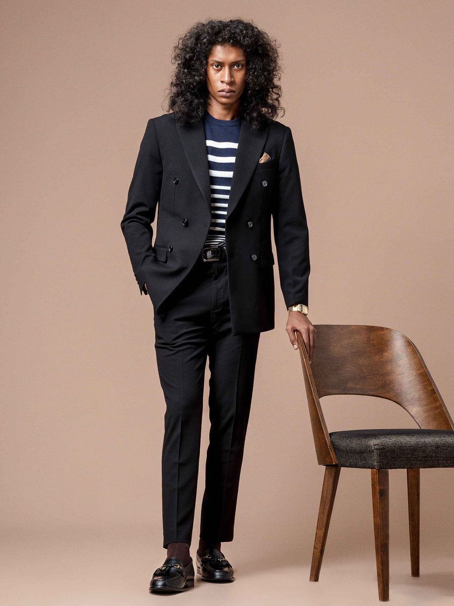 7DoubleBreastedSuitBlazerSeersuckerBlackPlain_PeakLapel - Zeve