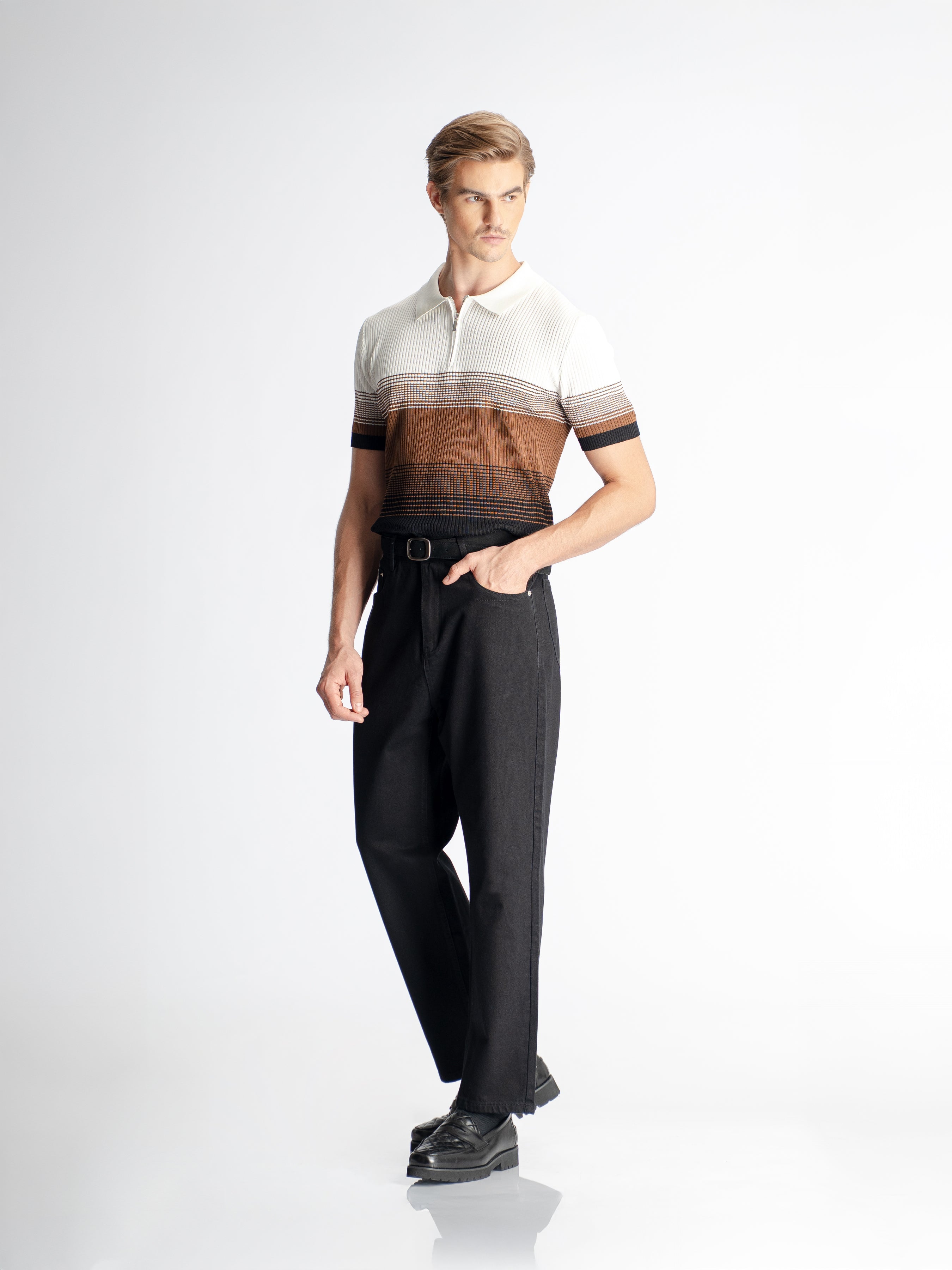 Arlo Striped Polo Tee - Brown Quarter-Zip