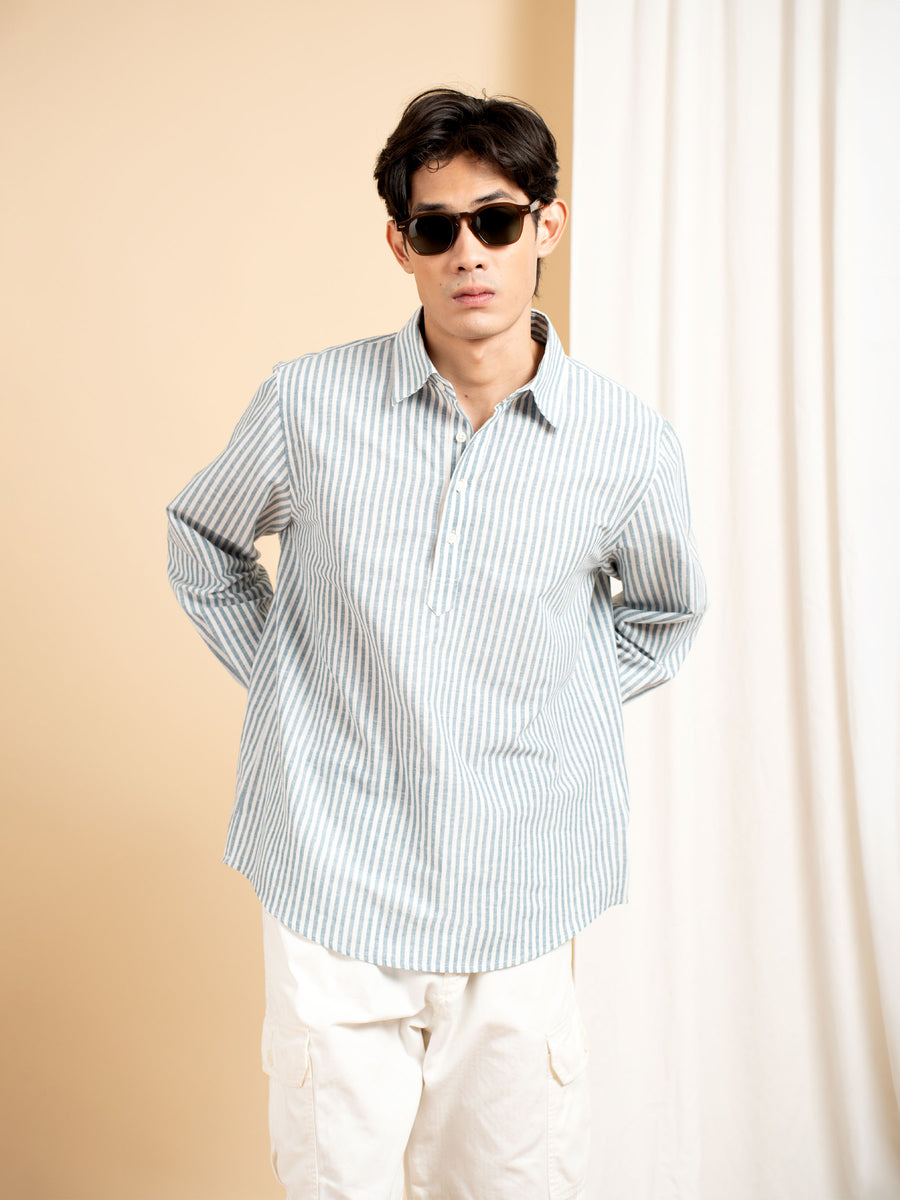 Armand Linen Shirt - White Blue Line (Stripe)