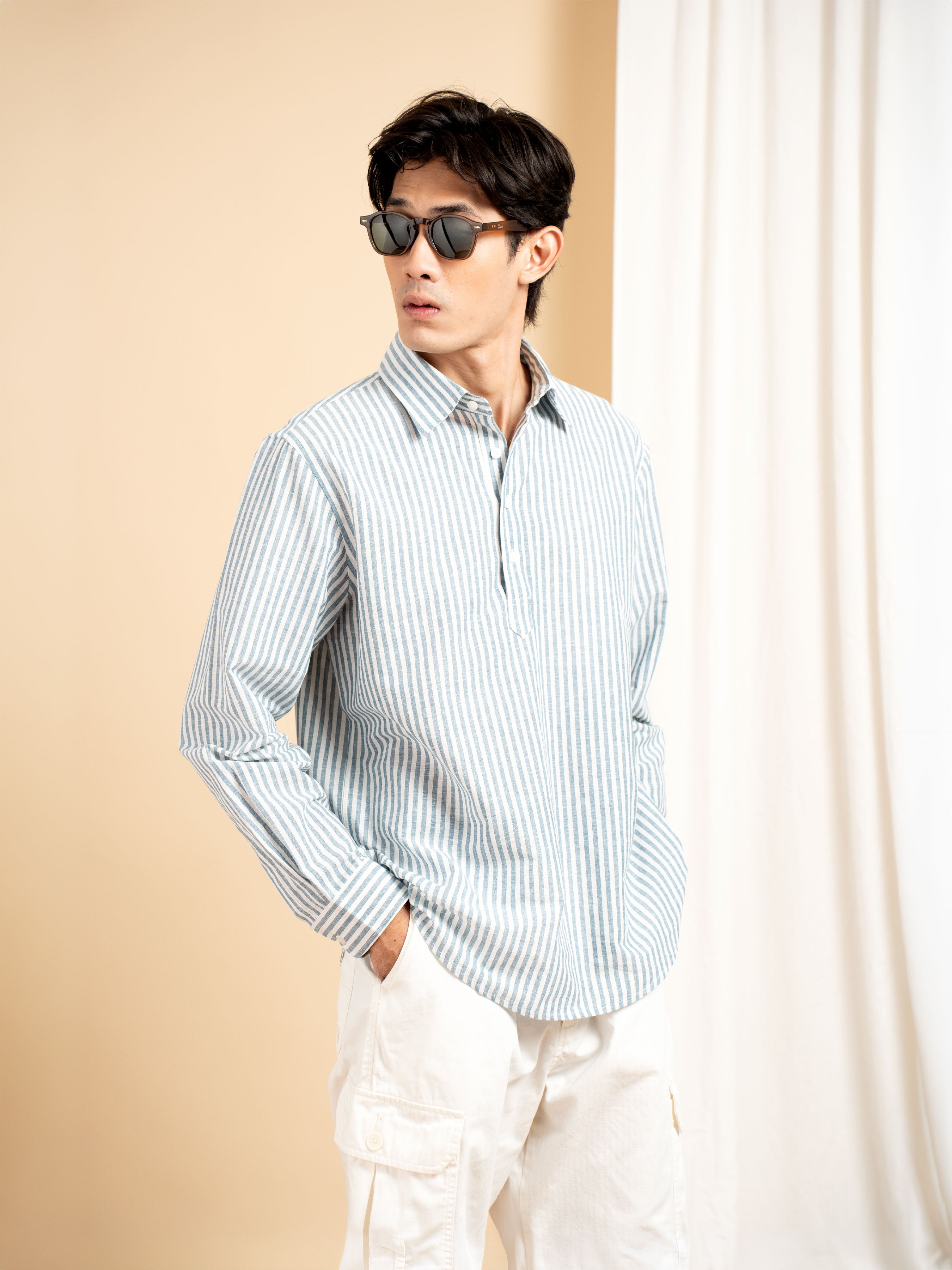Armand Linen Shirt - White Blue Line (Stripe)