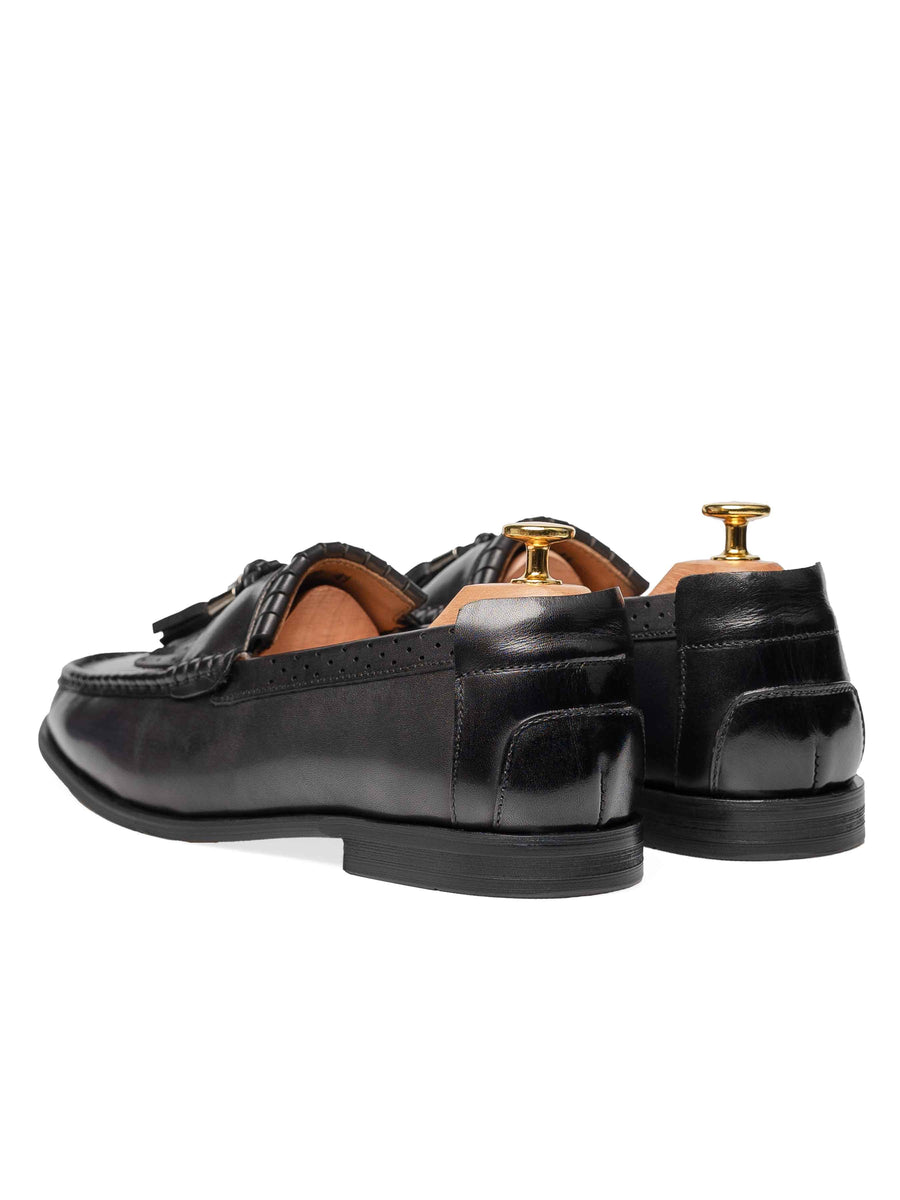 BackFringeClassicLoaferBlackGreywithTassel_HandPaintedPatina - Zeve
