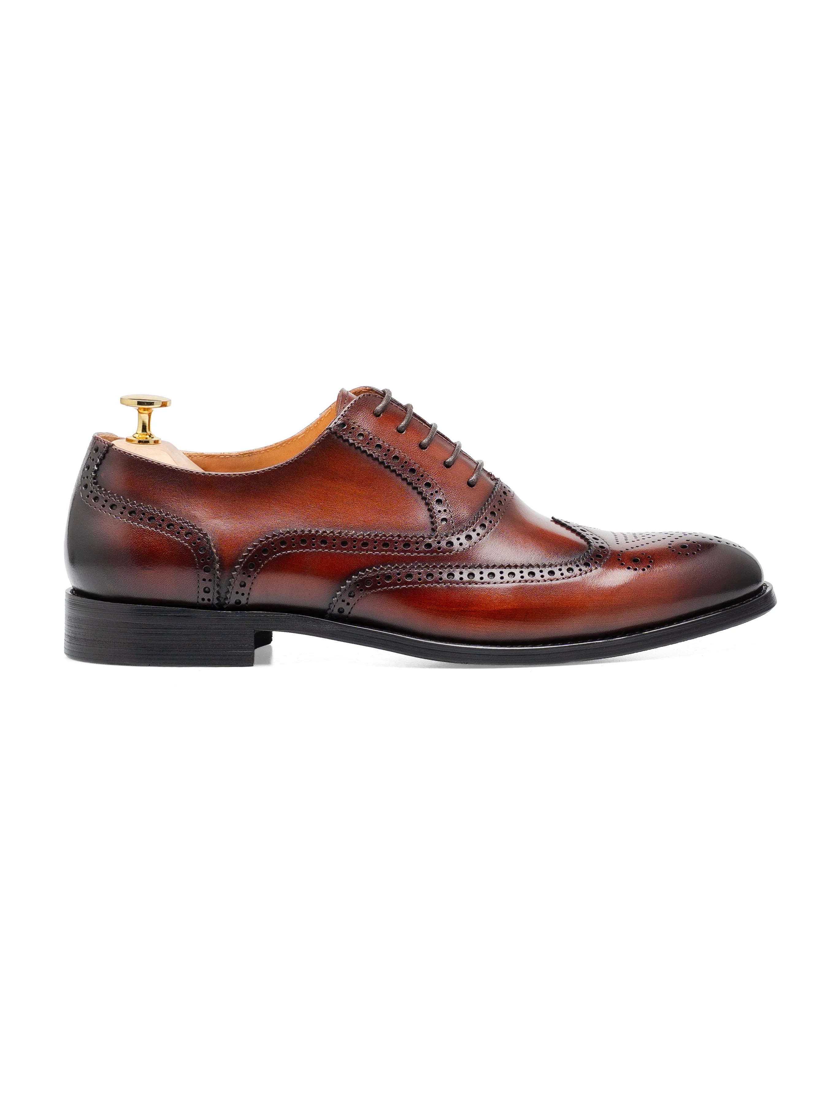 ClassicOxfordBrogueWingtipCognacTanLaceUp_HandPaintedPatina_Side - Zeve