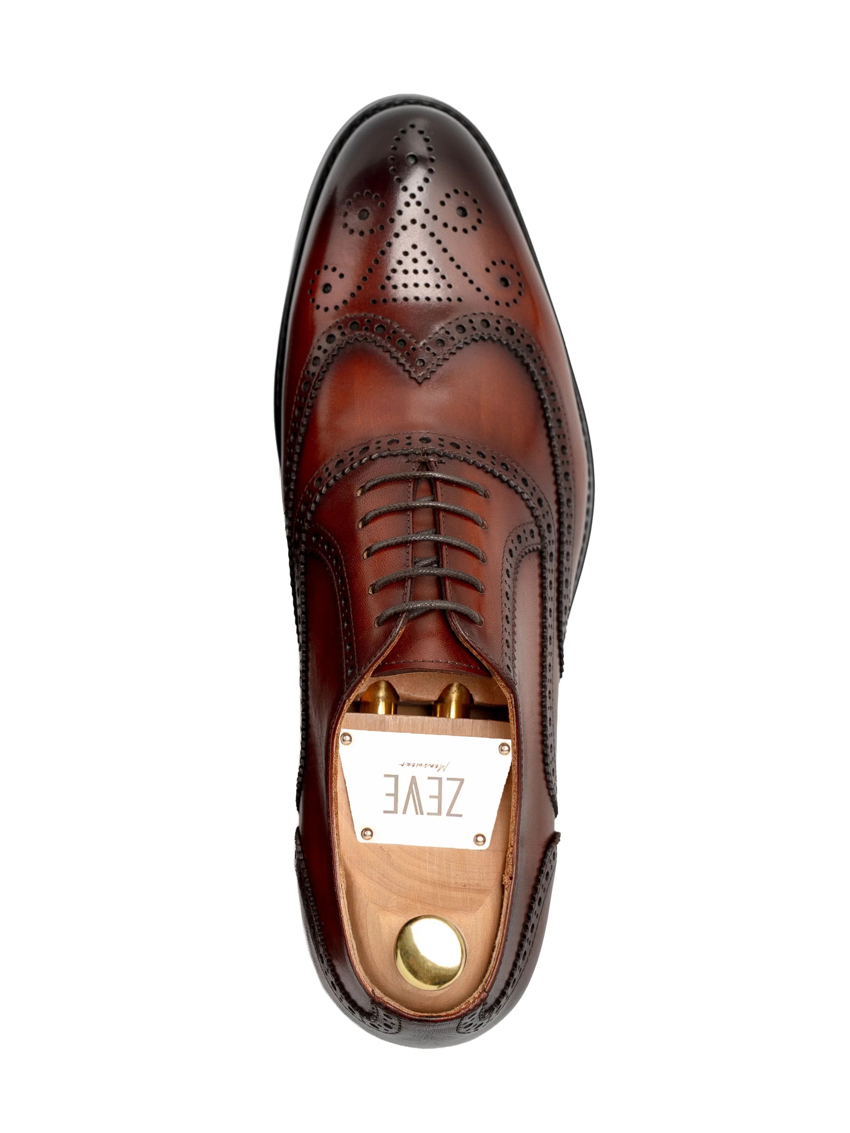 ClassicOxfordBrogueWingtipCognacTanLaceUp_HandPaintedPatina_Single - Zeve
