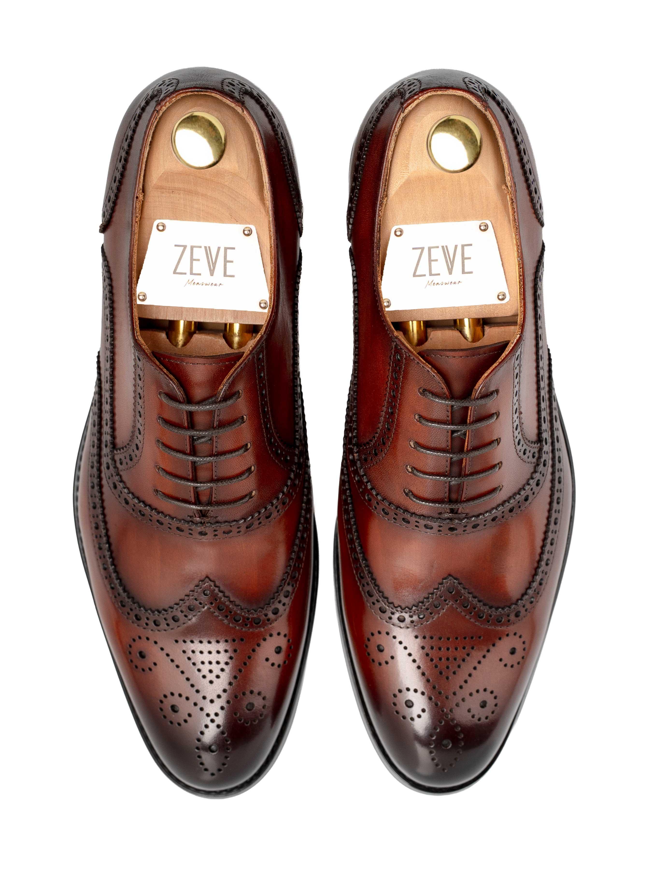 ClassicOxfordBrogueWingtipCognacTanLaceUp_HandPaintedPatina_Top - Zeve