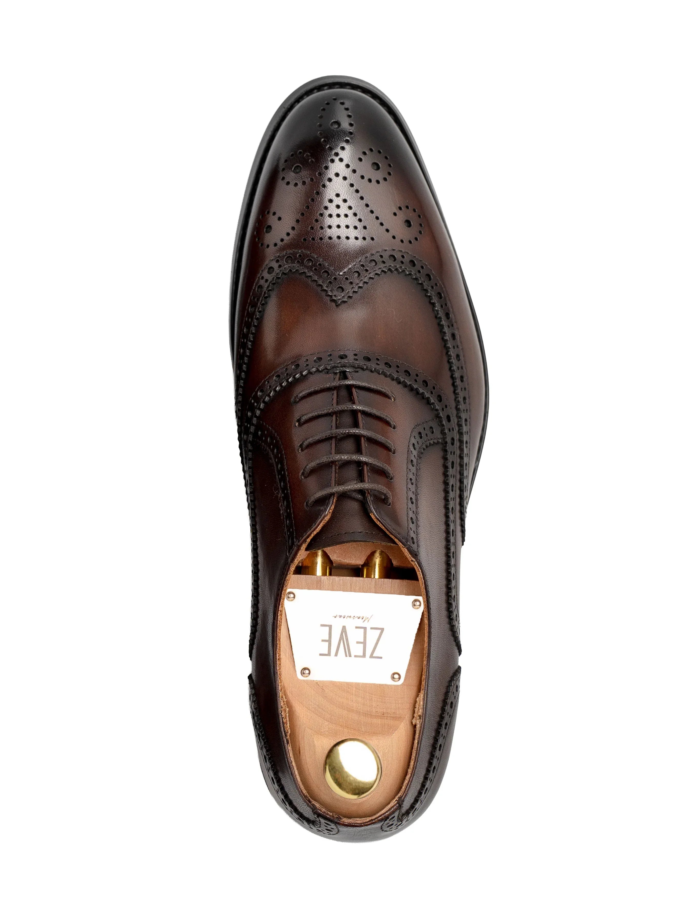 ClassicOxfordBrogueWingtipDarkBrownLaceUp_HandPaintedPatina_Single - Zeve