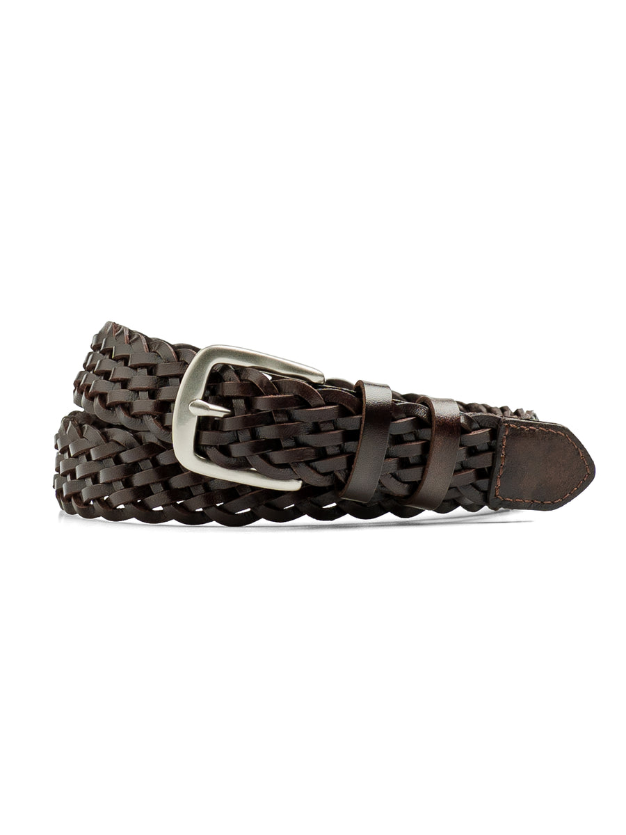 CoffeeTexturedWeaveLeatherBeltwithSilverTonedBuckle - Zeve