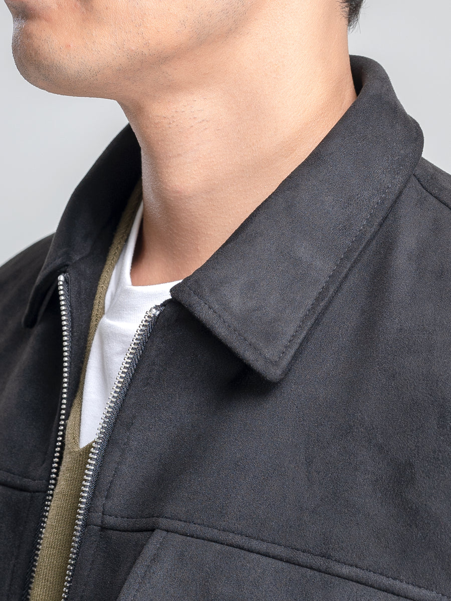 Collar-Black-Suede-Jacket-Zipper - Zeve