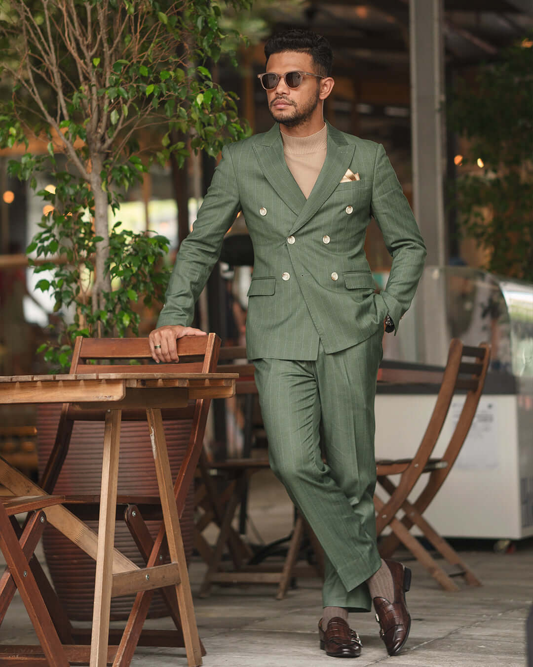 Double Breasted Suit Blazer Moss Green Stripes Peak Lapel