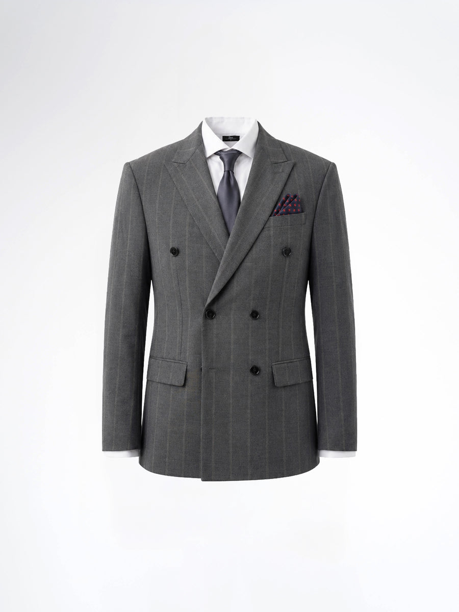 Double Breasted Suit Blazer - Dark Grey Wide Stripe (Slim Fit)