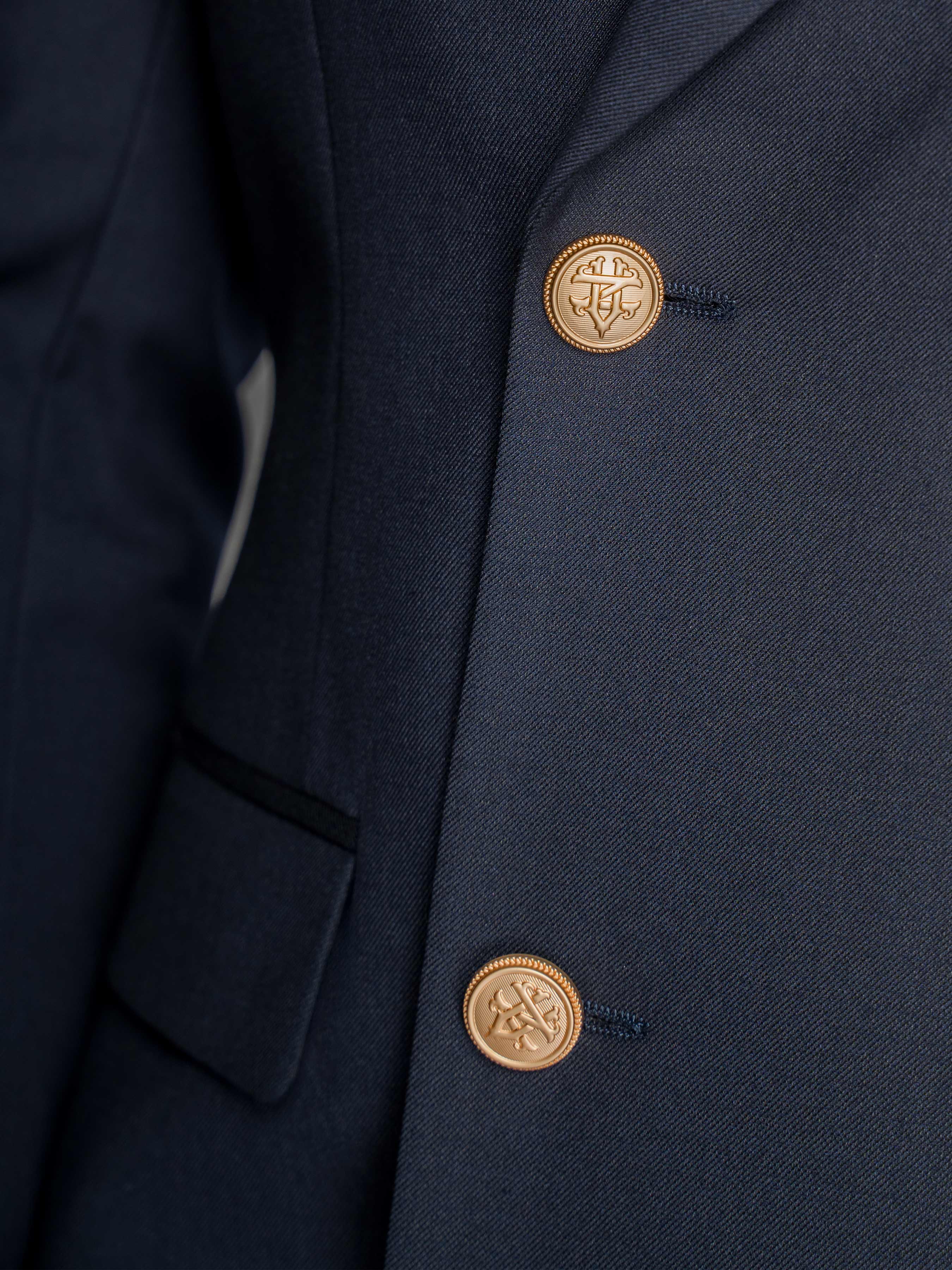 Double Breasted Suit Blazer – Midnight Blue Gold Accent (Peak Lapel)