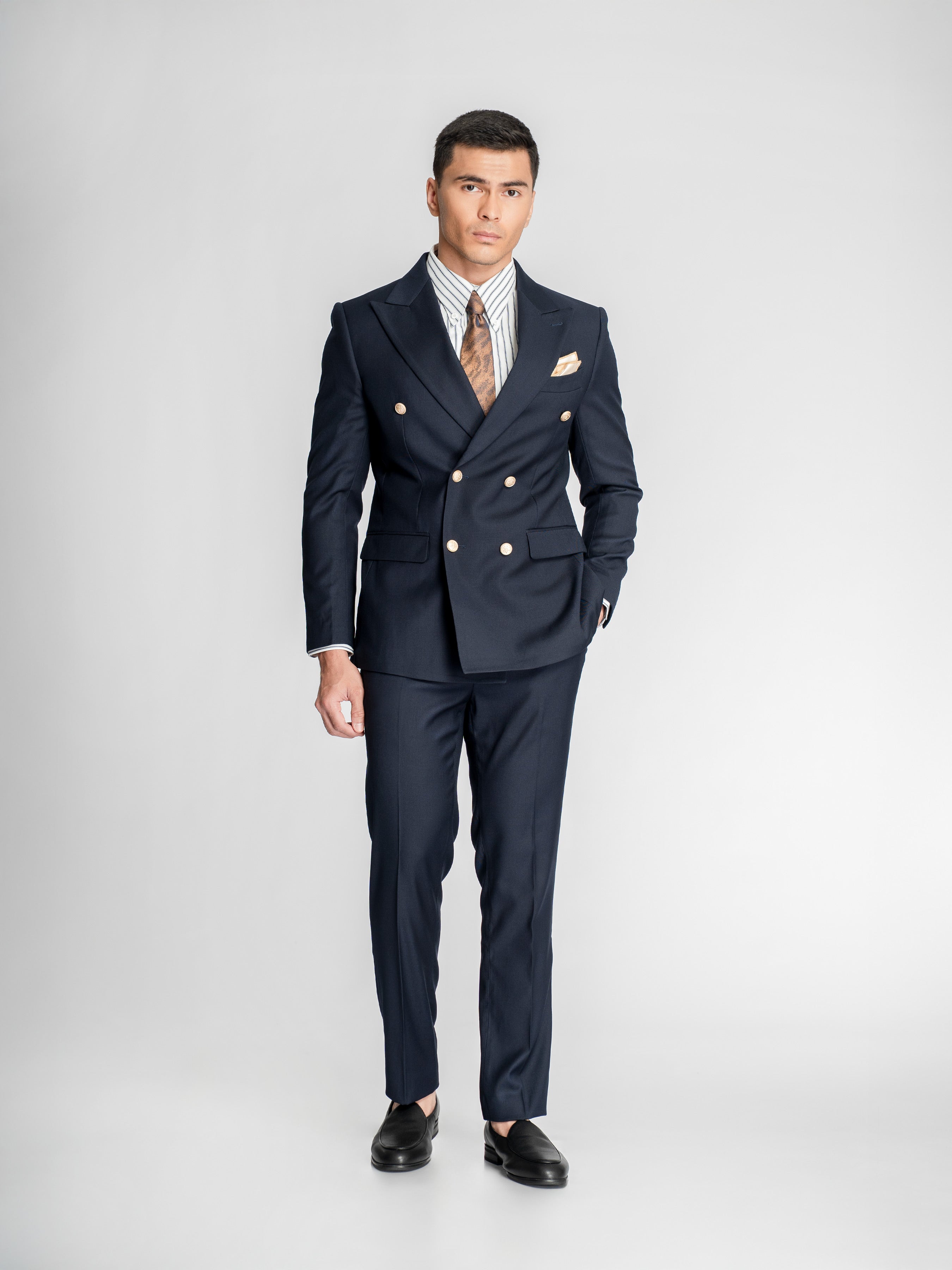 Double Breasted Suit Blazer – Midnight Blue Gold Accent (Peak Lapel)
