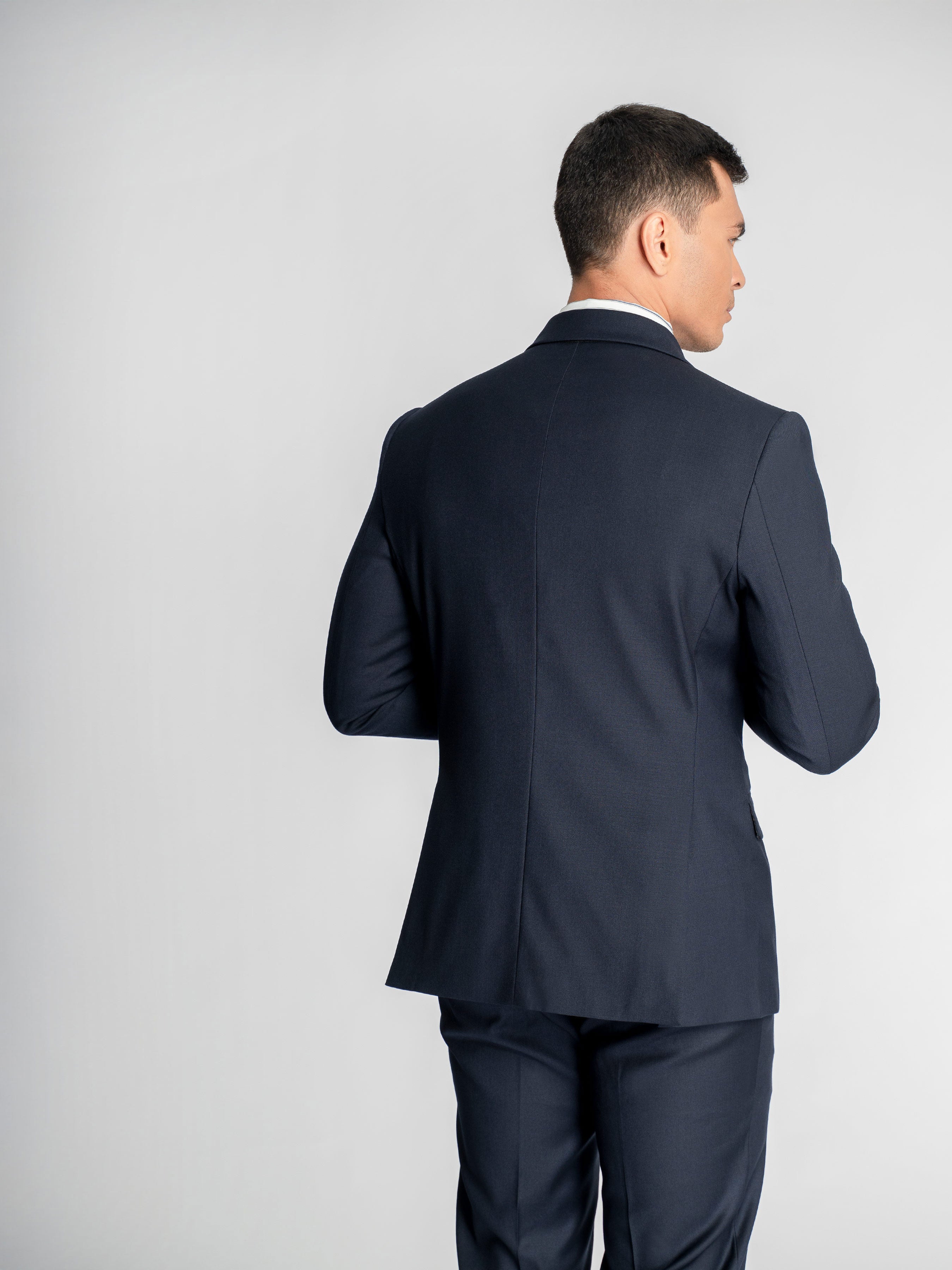 Double Breasted Suit Blazer – Midnight Blue Gold Accent (Peak Lapel)