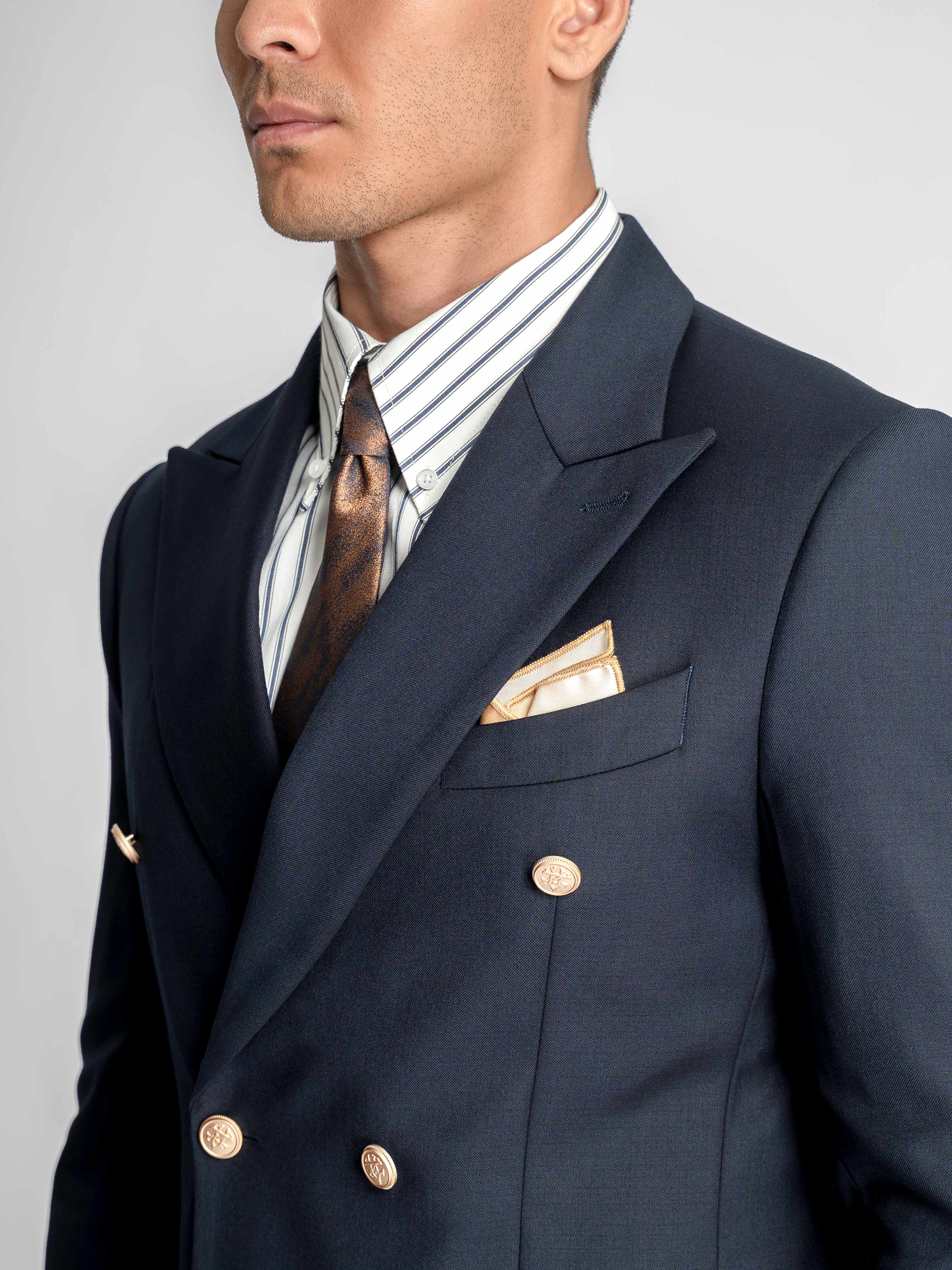 Double Breasted Suit Blazer – Midnight Blue Gold Accent (Peak Lapel)