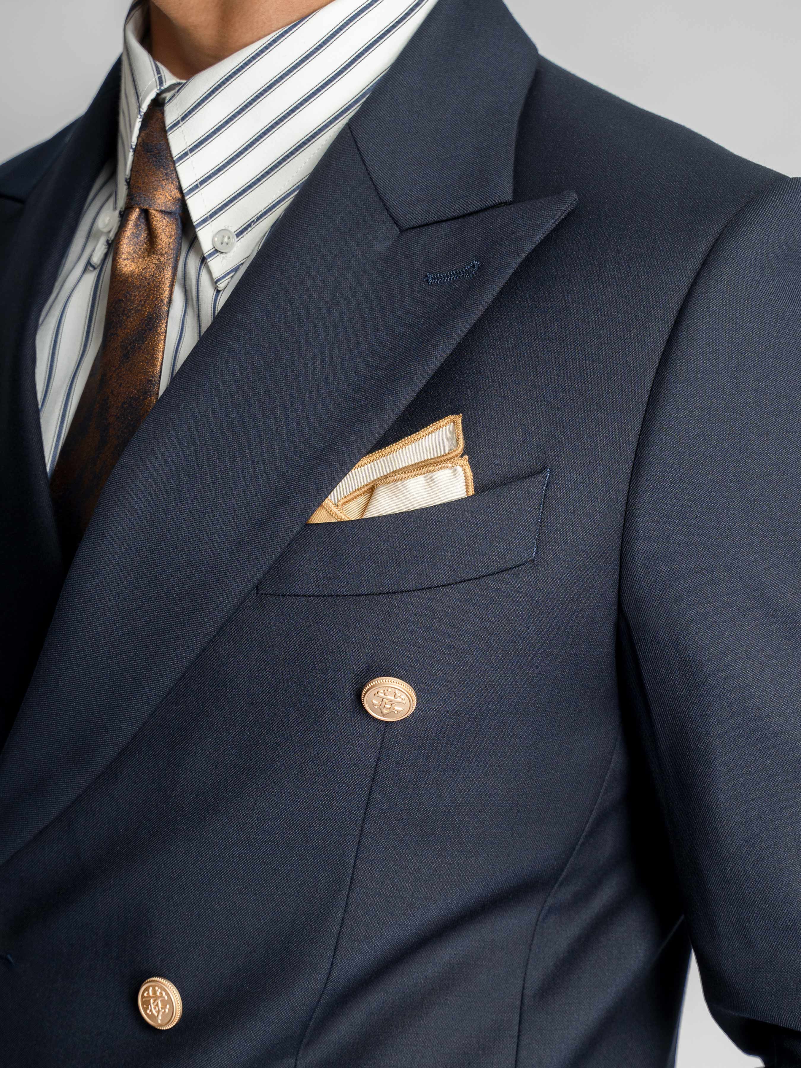 Double Breasted Suit Blazer – Midnight Blue Gold Accent (Peak Lapel)