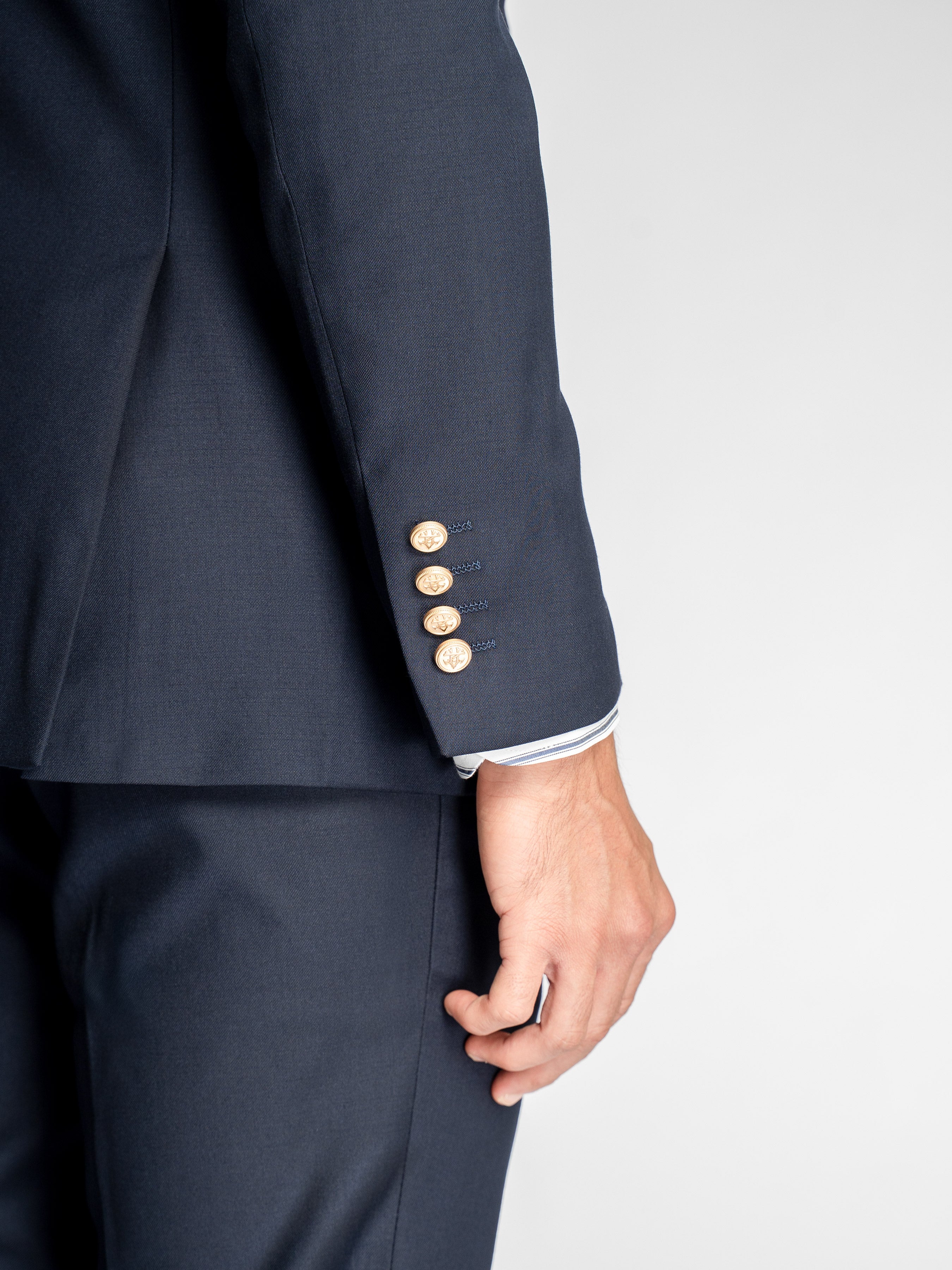 Double Breasted Suit Blazer – Midnight Blue Gold Accent (Peak Lapel)