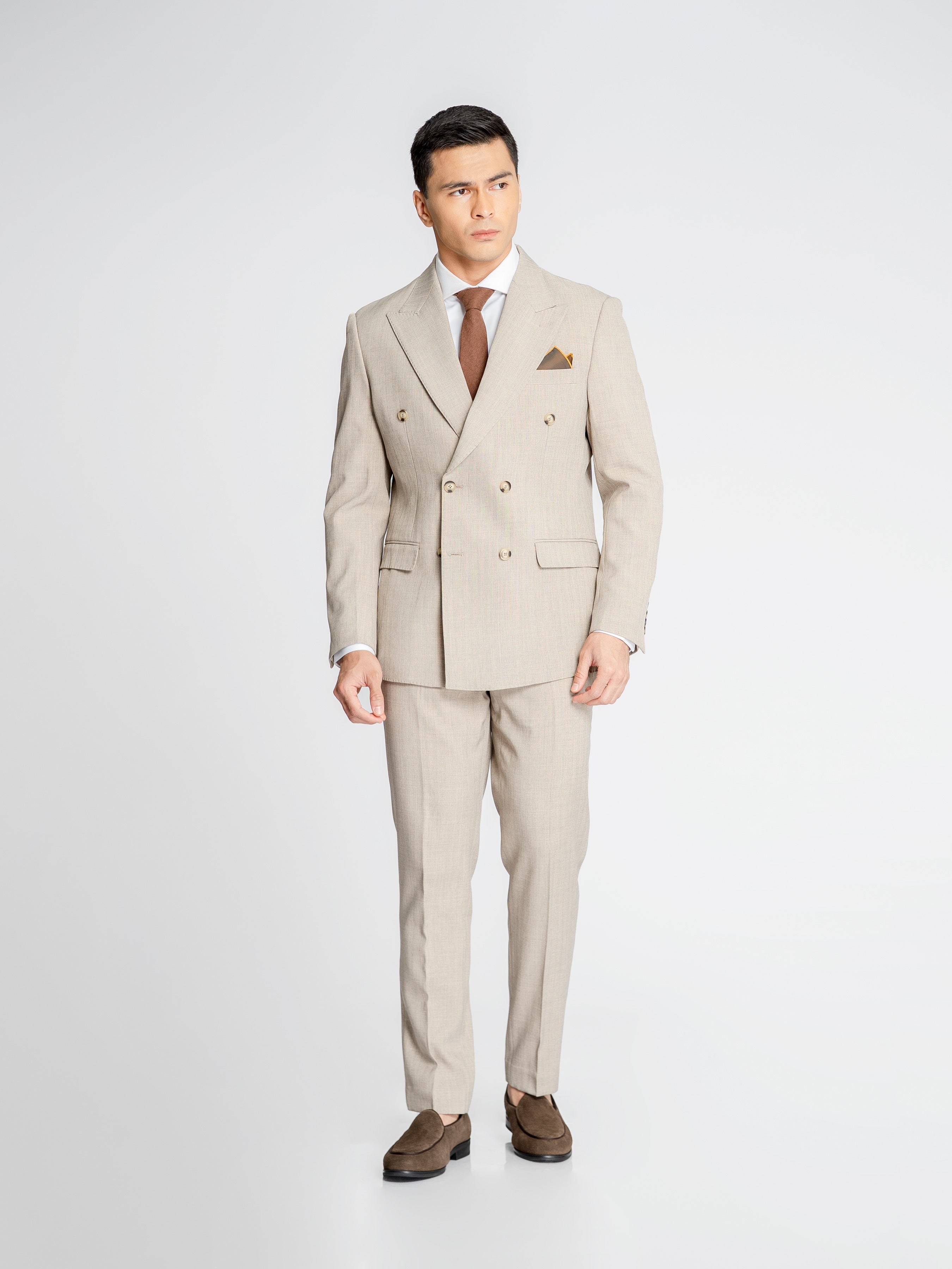 Double Breasted Suit Blazer – Ash Sand (Peak Lapel)