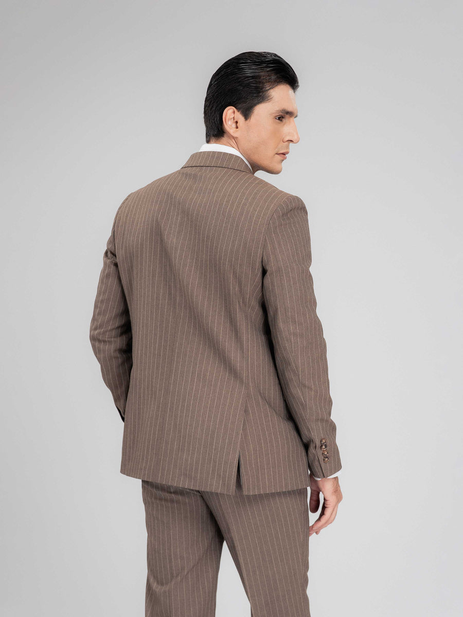 DoubleBreastedSuitBlazerBrownPinstripesPeakLapelBack - Zeve