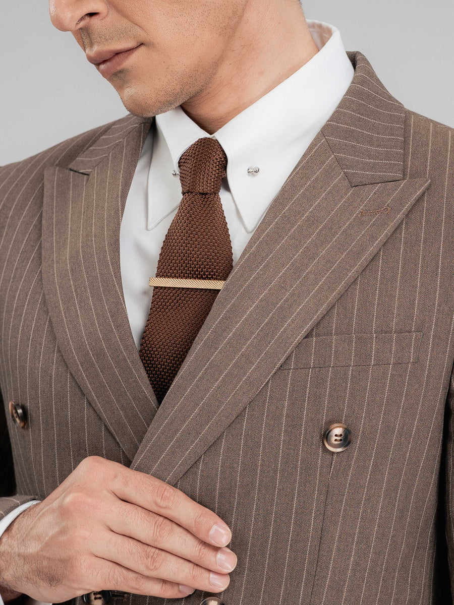 DoubleBreastedSuitBlazerBrownPinstripesPeakLapelCollar - Zeve