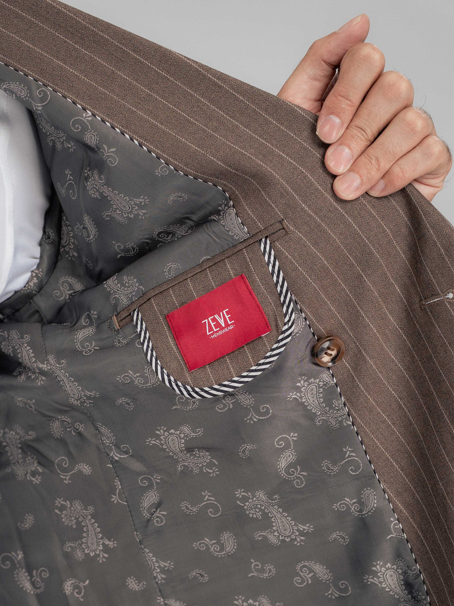 DoubleBreastedSuitBlazerBrownPinstripesPeakLapelInsidePocket - Zeve