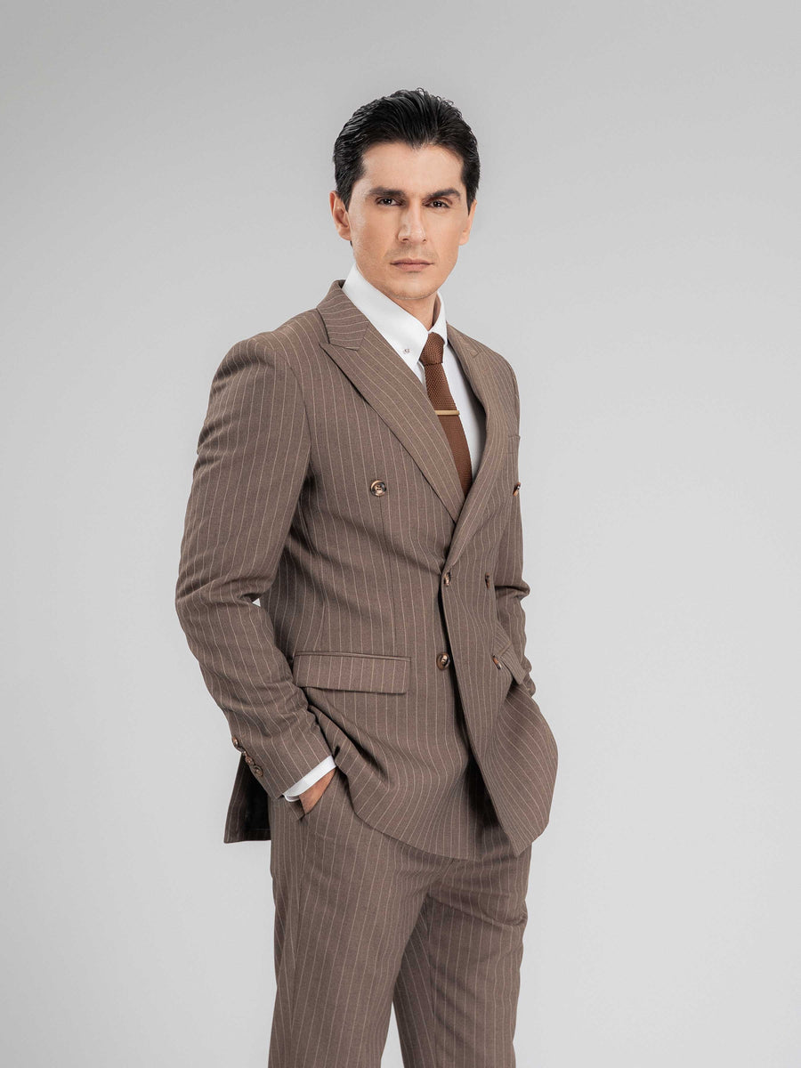DoubleBreastedSuitBlazerBrownPinstripesPeakLapelMain - Zeve