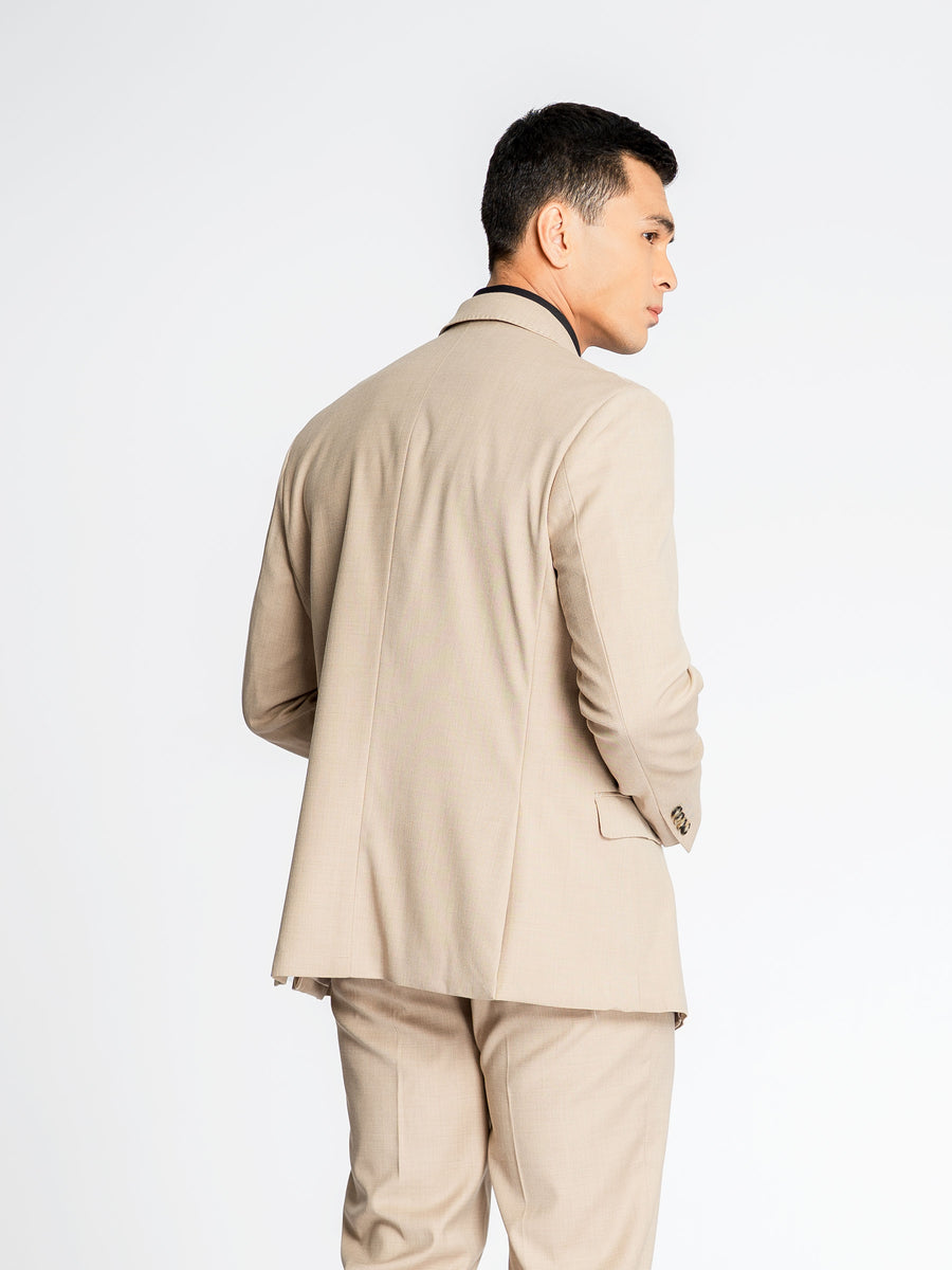 DoubleBreastedSuitBlazerCreamBeigePlain_PeakLapel_Back - Zeve
