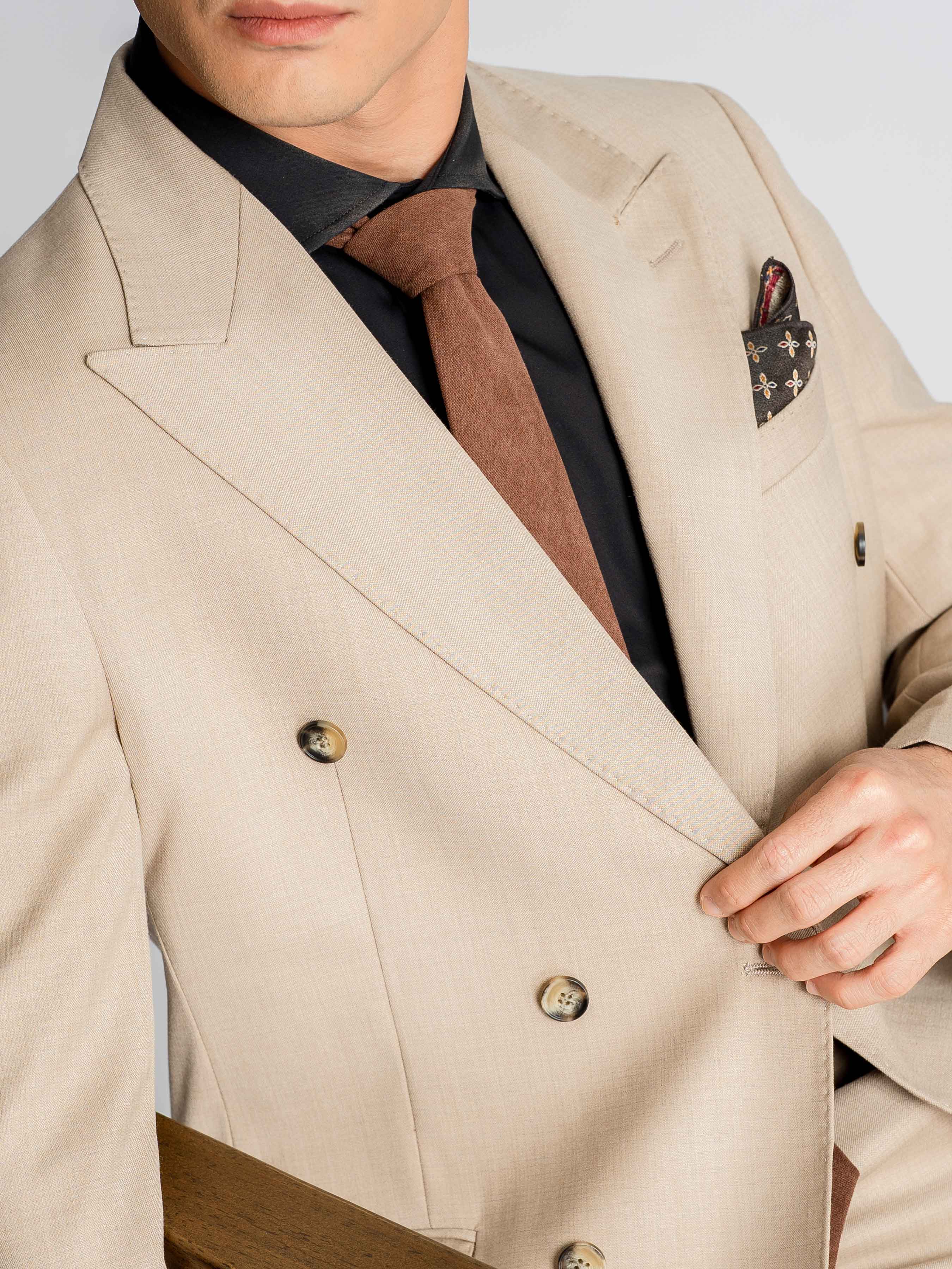 Double Breasted Suit Blazer – Cream Beige Plain (Peak Lapel)