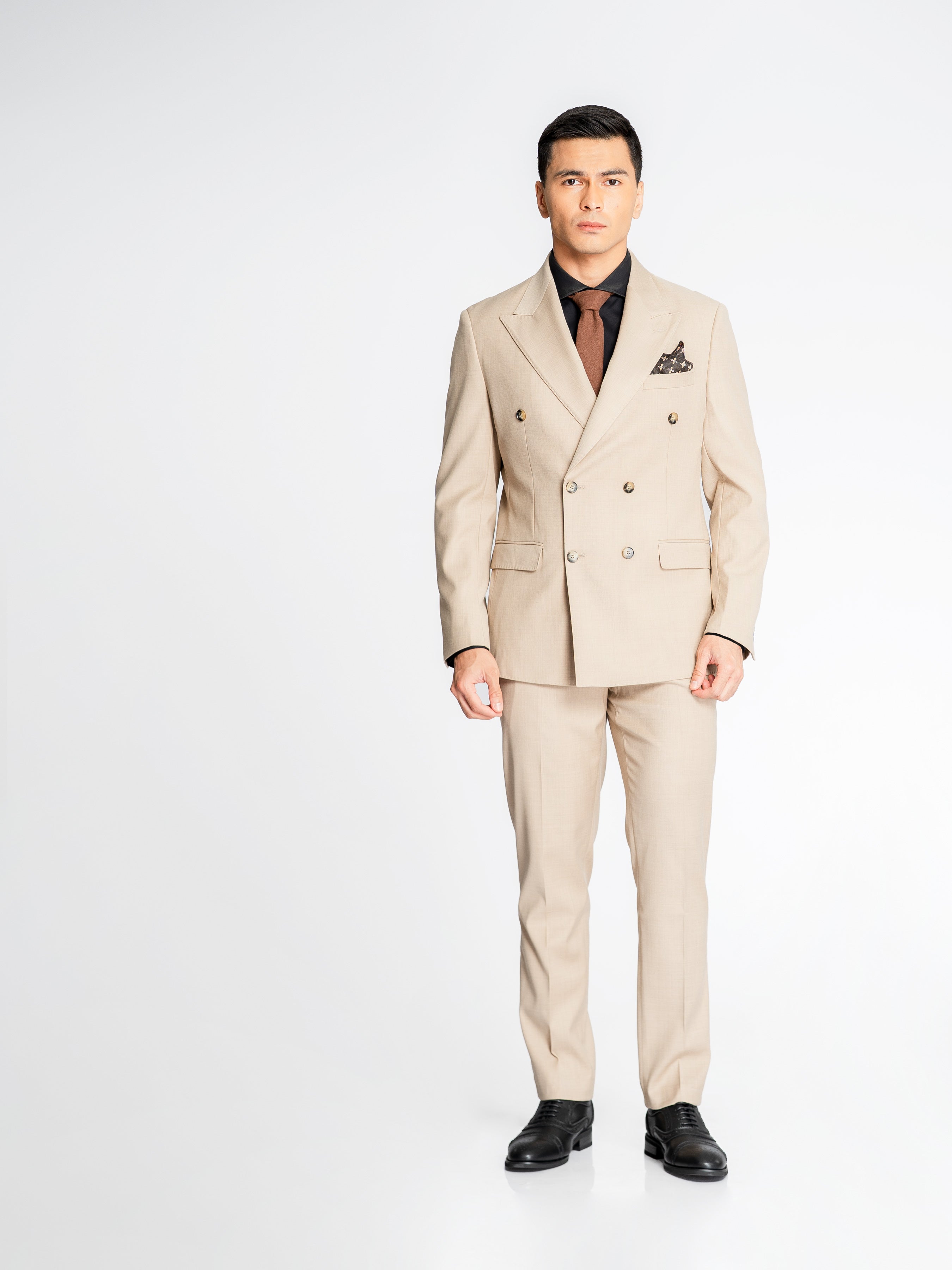 Double Breasted Suit Blazer – Cream Beige Plain (Peak Lapel)