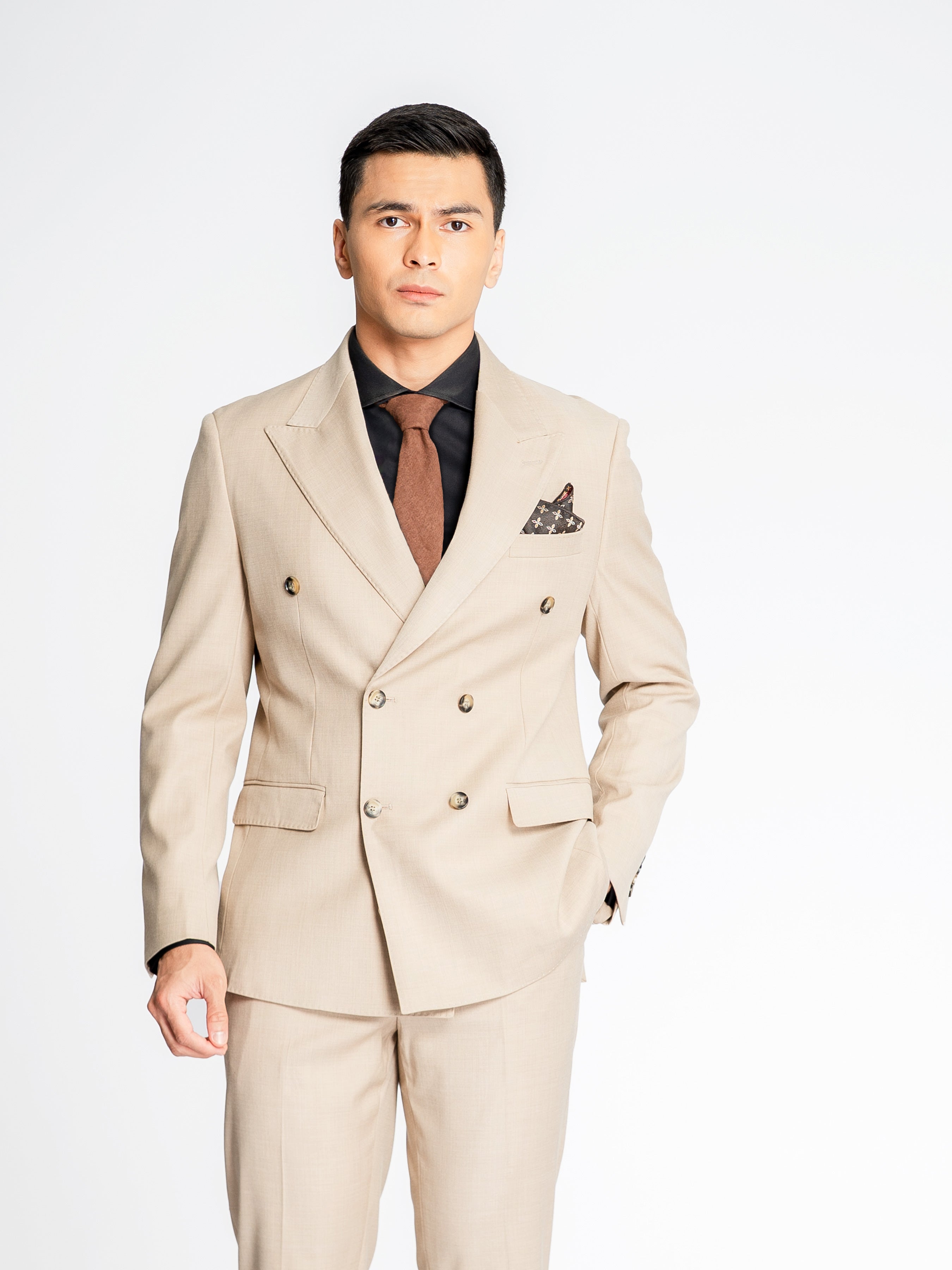 Double Breasted Suit Blazer – Cream Beige Plain (Peak Lapel)