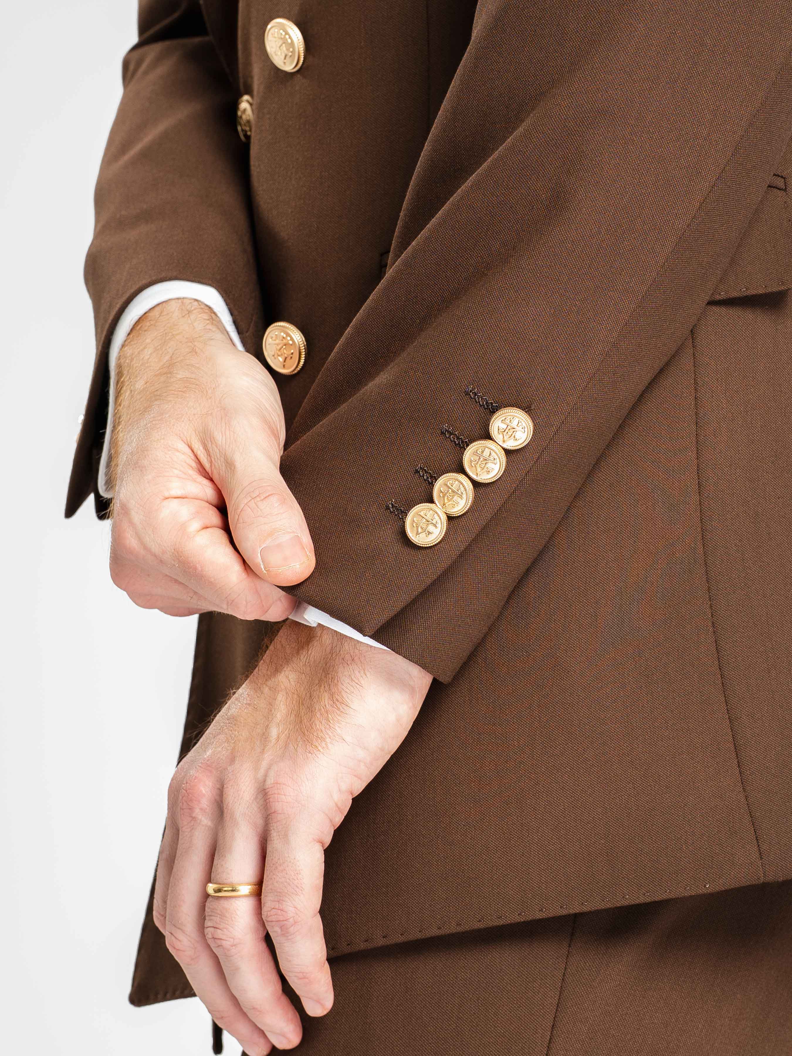 Double Breasted Suit Blazer – Dark Brown Gold Button Accent (Peak Lapel)