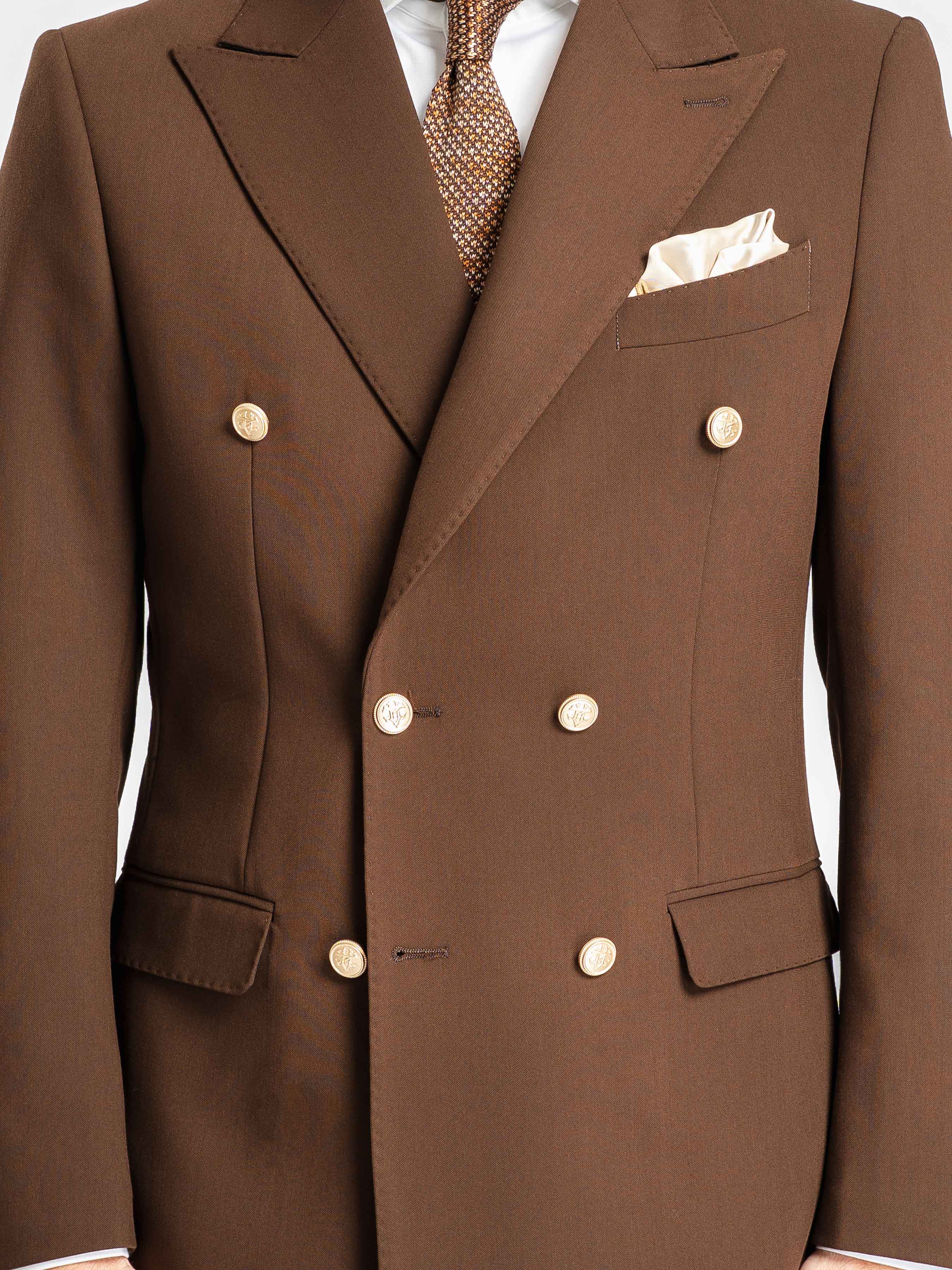 Double Breasted Suit Blazer – Dark Brown Gold Button Accent (Peak Lapel)