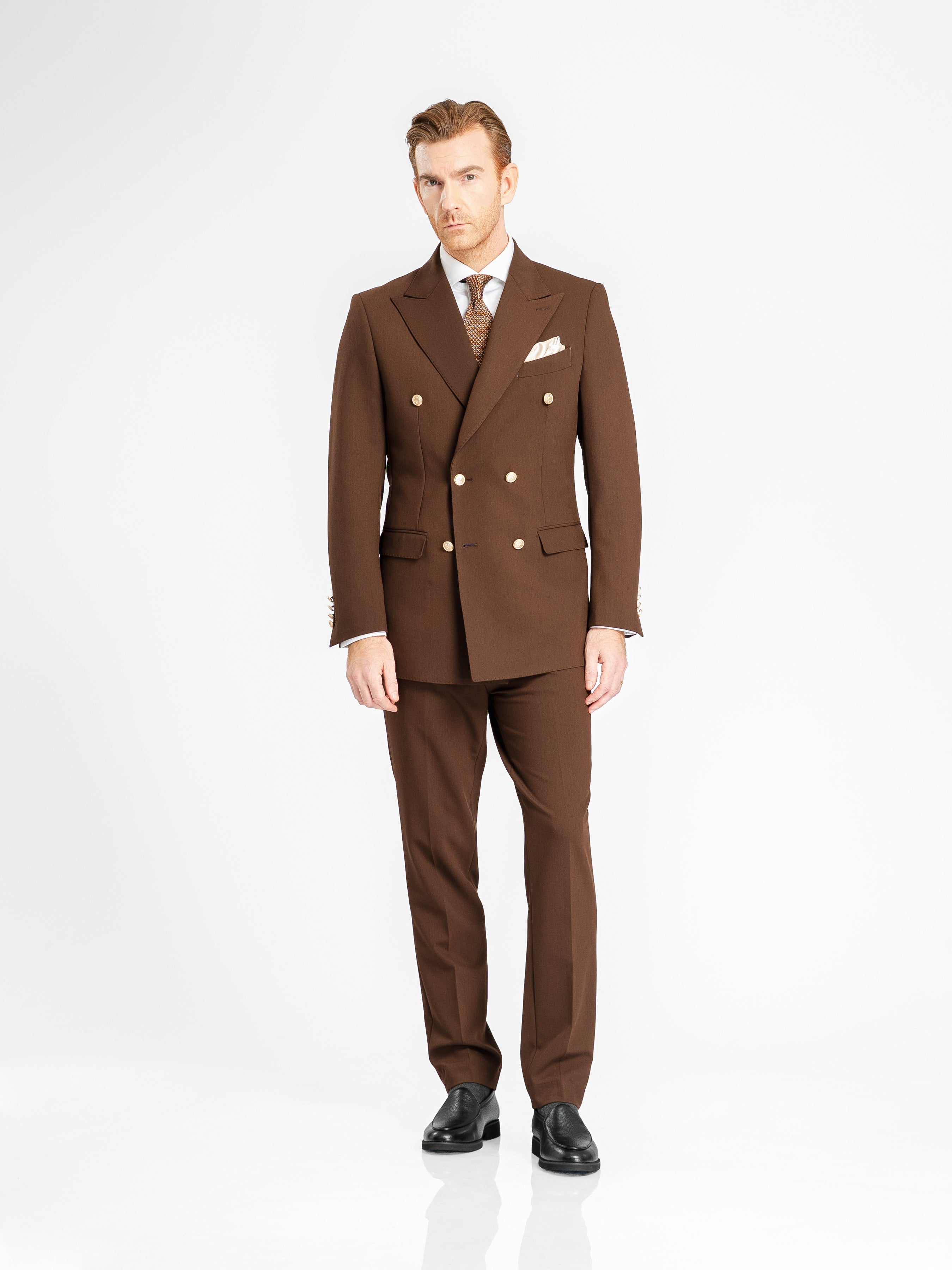 Double Breasted Suit Blazer – Dark Brown Gold Button Accent (Peak Lapel)