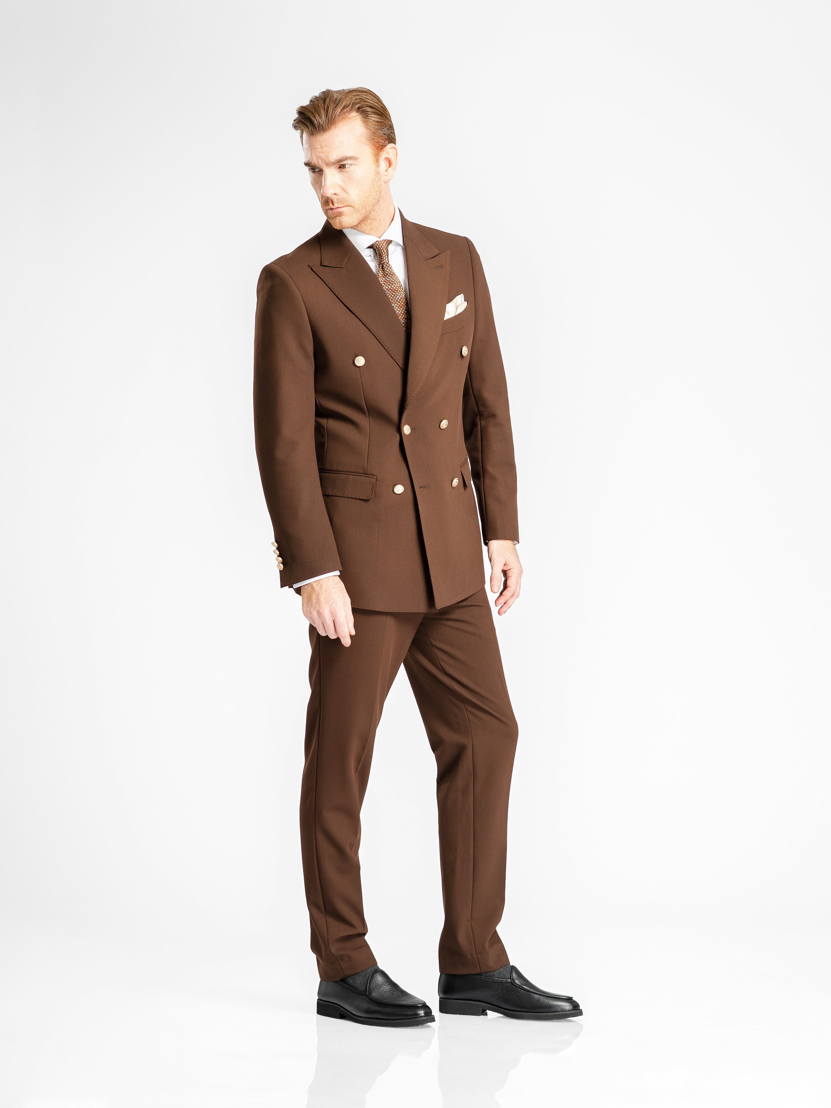 Double Breasted Suit Blazer – Dark Brown Gold Button Accent (Peak Lapel)