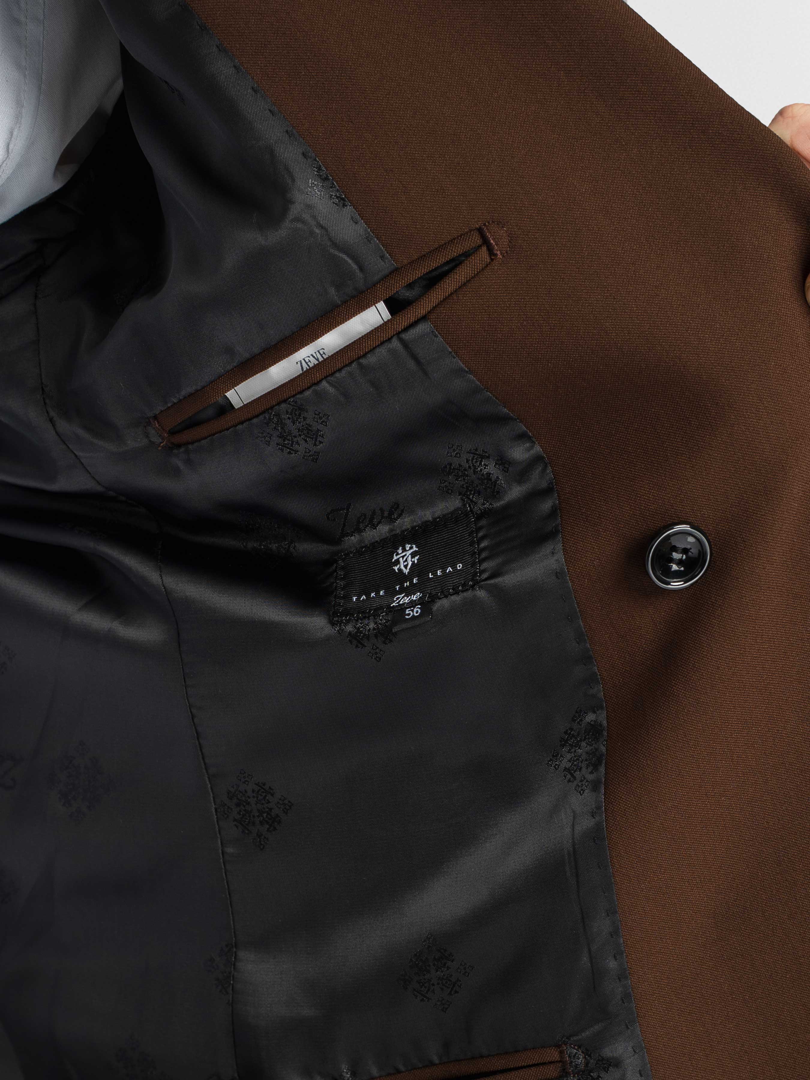 Double Breasted Suit Blazer – Dark Brown Gold Button Accent (Peak Lapel)