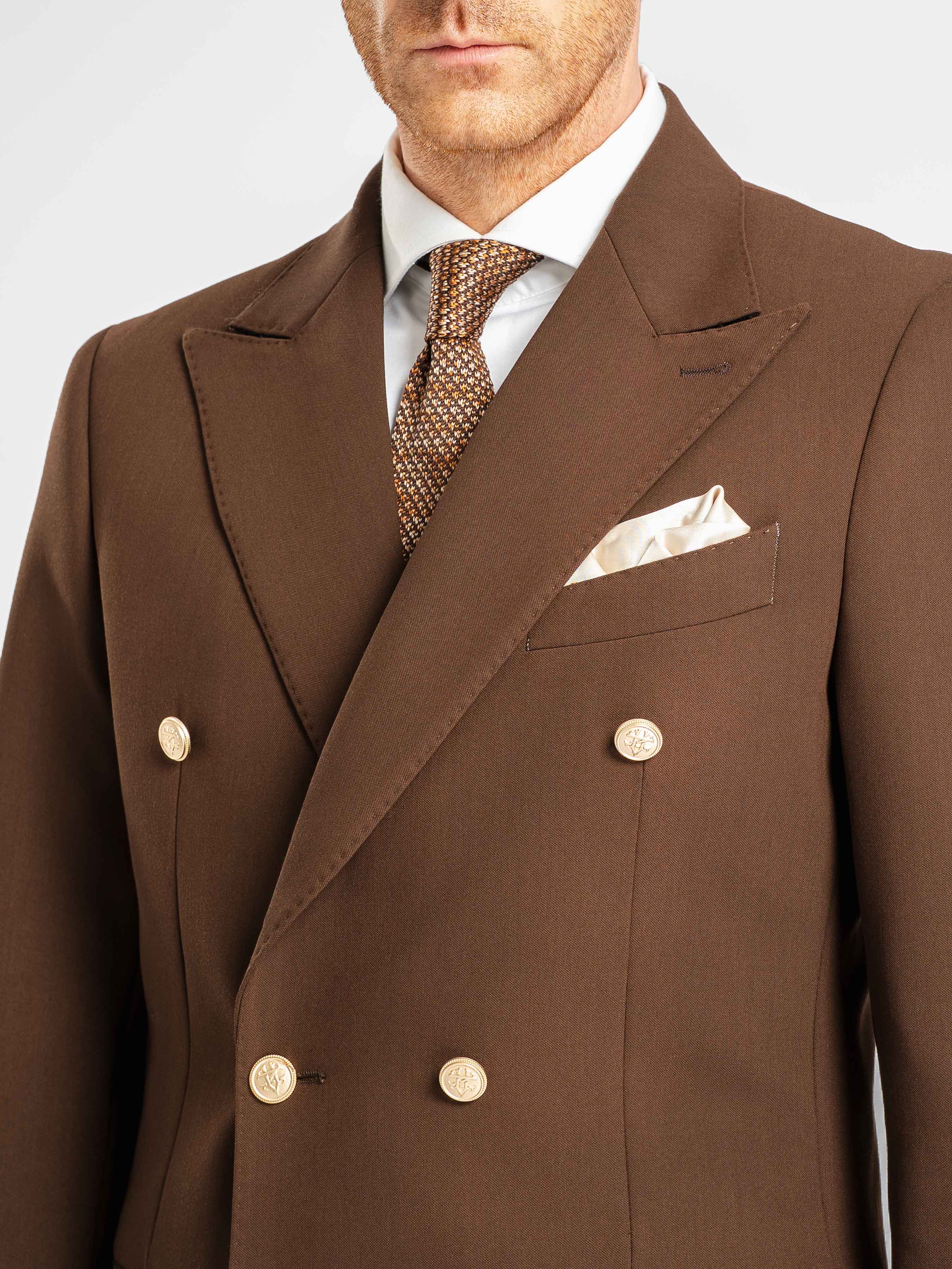 Double Breasted Suit Blazer – Dark Brown Gold Button Accent (Peak Lapel)